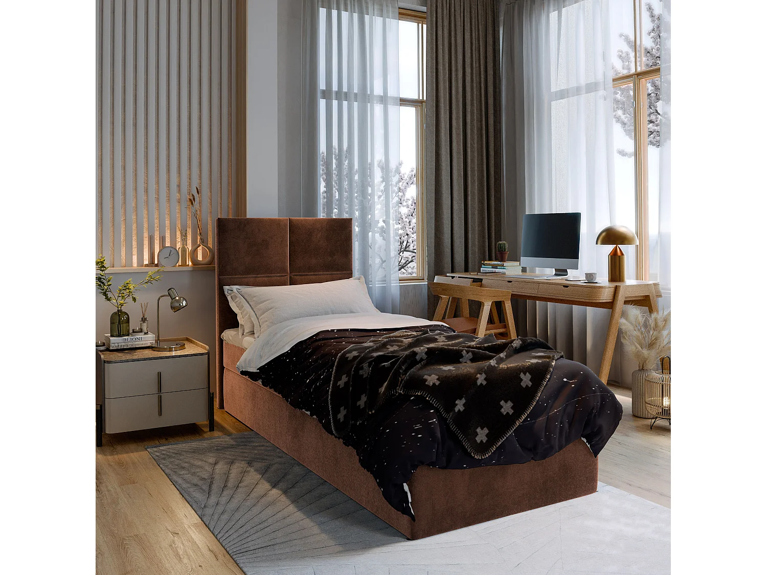 Boxspringbed LENA 80x200 cm Set met hoofdbord, bedbodem en matras, Bruin