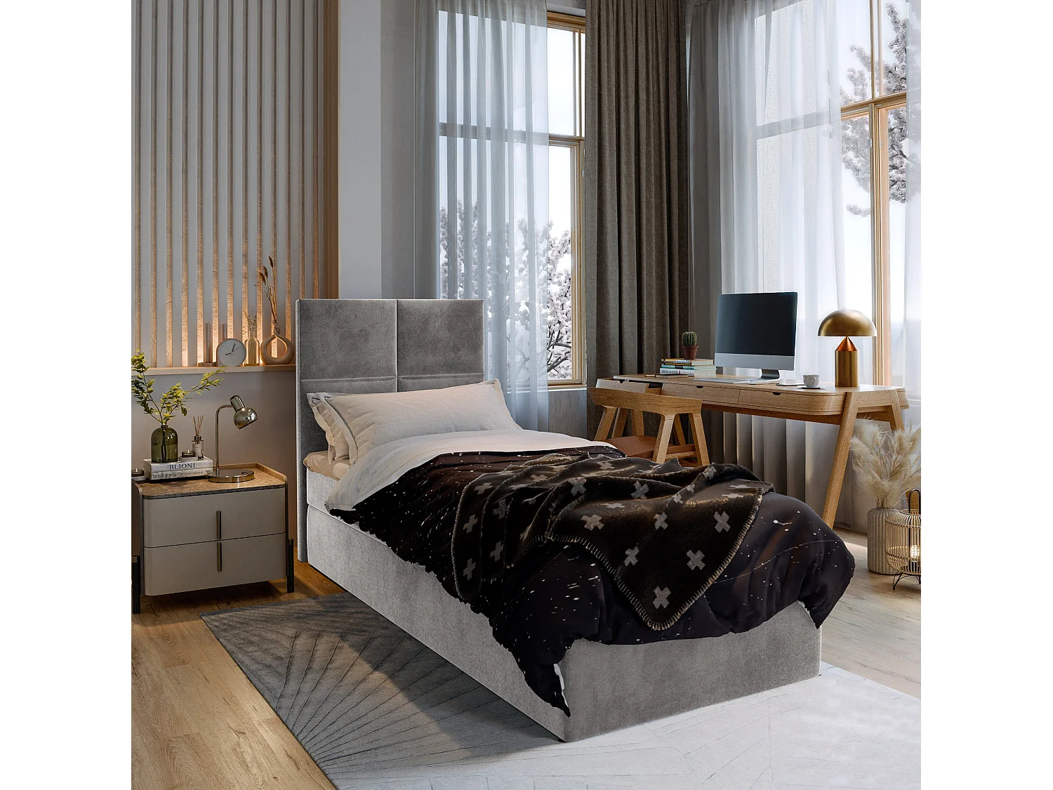 Boxspringbed LENA 80x200 cm Set met hoofdbord, bedbodem en matras, Lichtgrijs