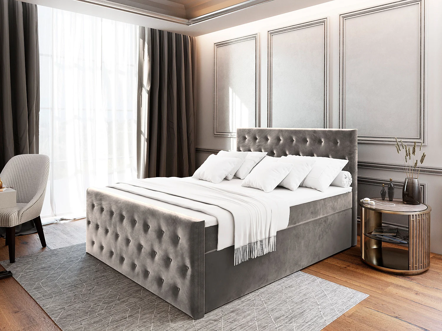 Boxspringbed FONDI 160x200 cm Set met hoofdbord, bedbodem en matras, Lichtgrijs