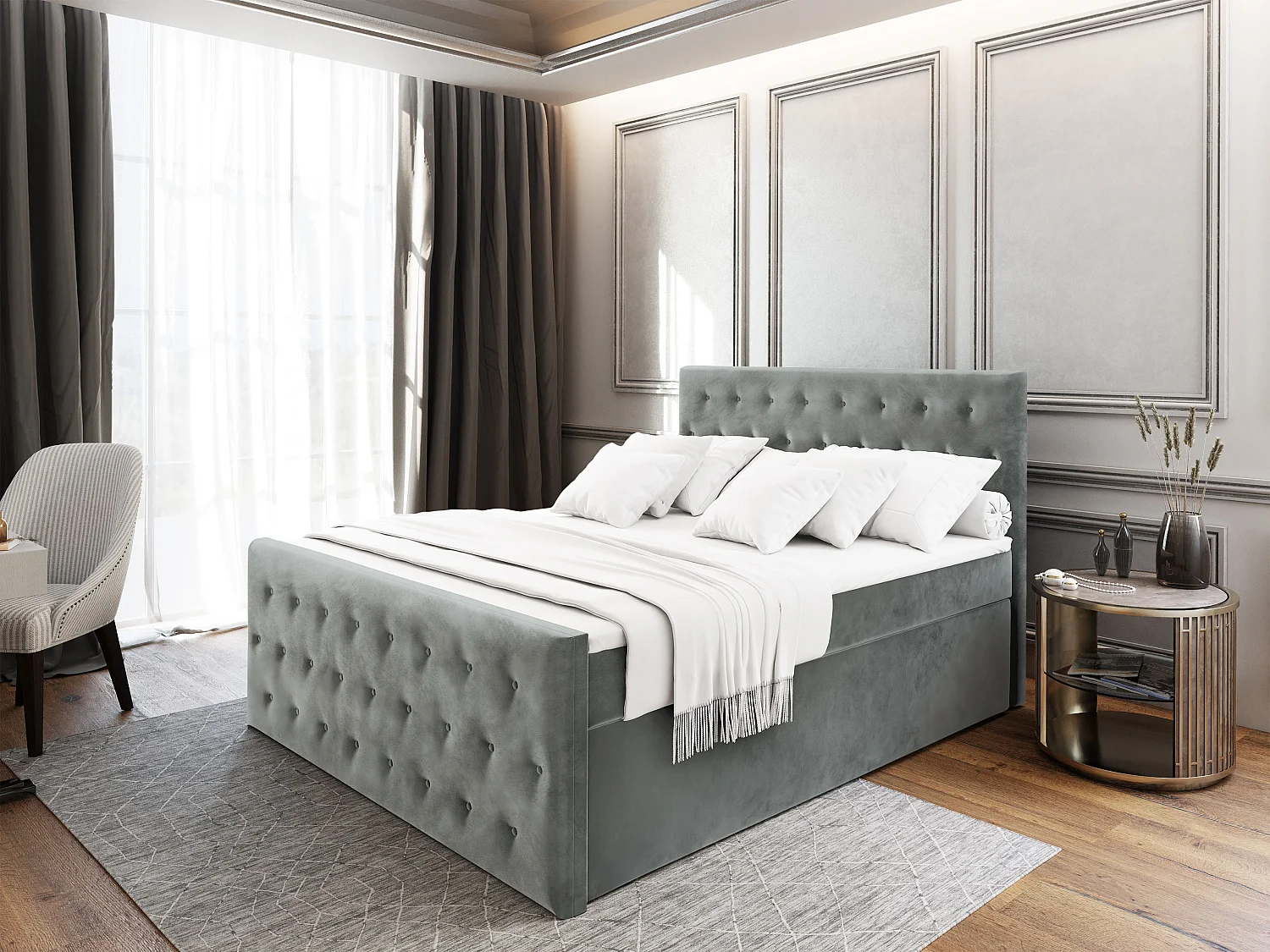 Boxspringbed FONDI 160x200 cm Set met hoofdbord, bedbodem en matras, Lichtgrijs