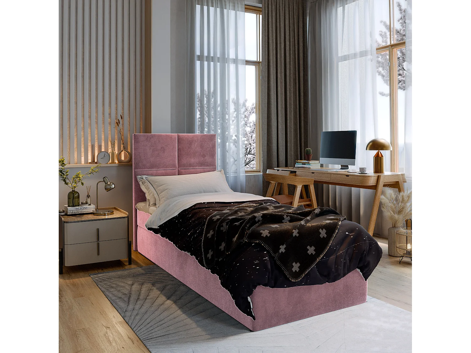 Boxspringbed LENA 80x200 cm Set met hoofdbord, bedbodem en matras, Poederroze