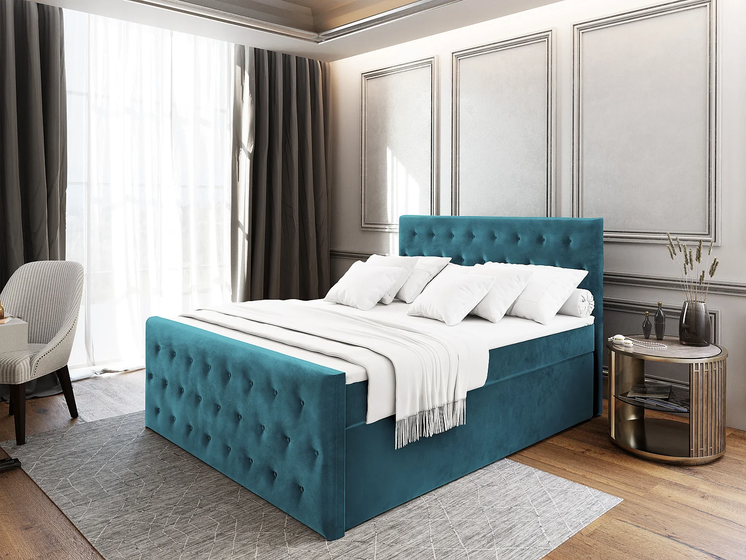 Boxspringbed FONDI 140x200 cm Set met hoofdbord, bedbodem en matras, Groenblauw