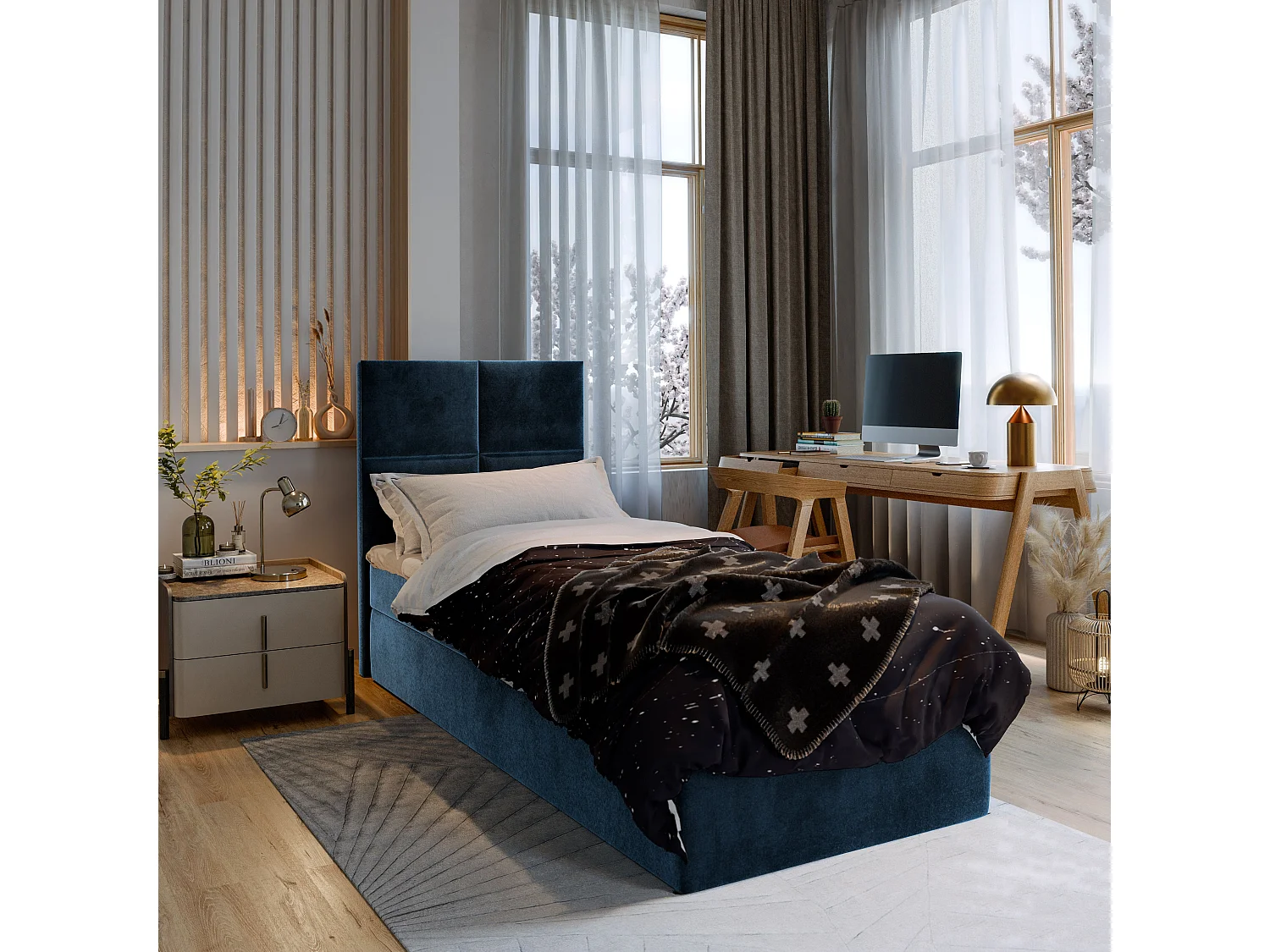 Boxspringbed LENA 100x200 cm Set met hoofdbord, bedbodem en matras, Blauw