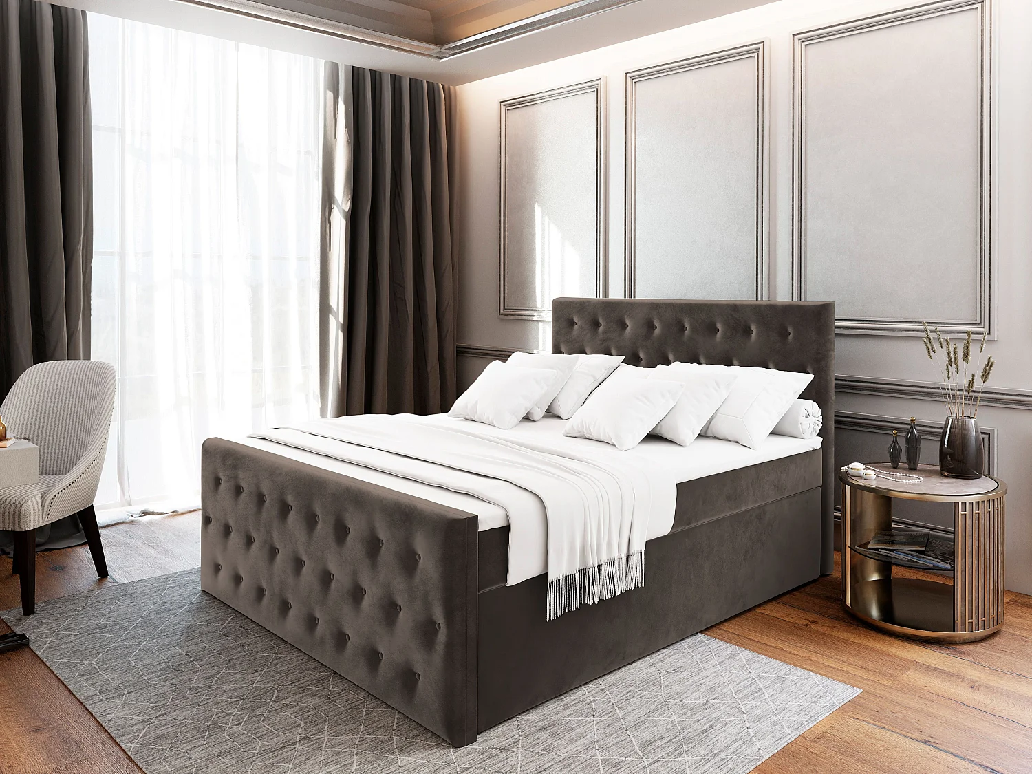 Boxspringbed FONDI 180x200 cm Set met hoofdbord, bedbodem en matras, Bruin