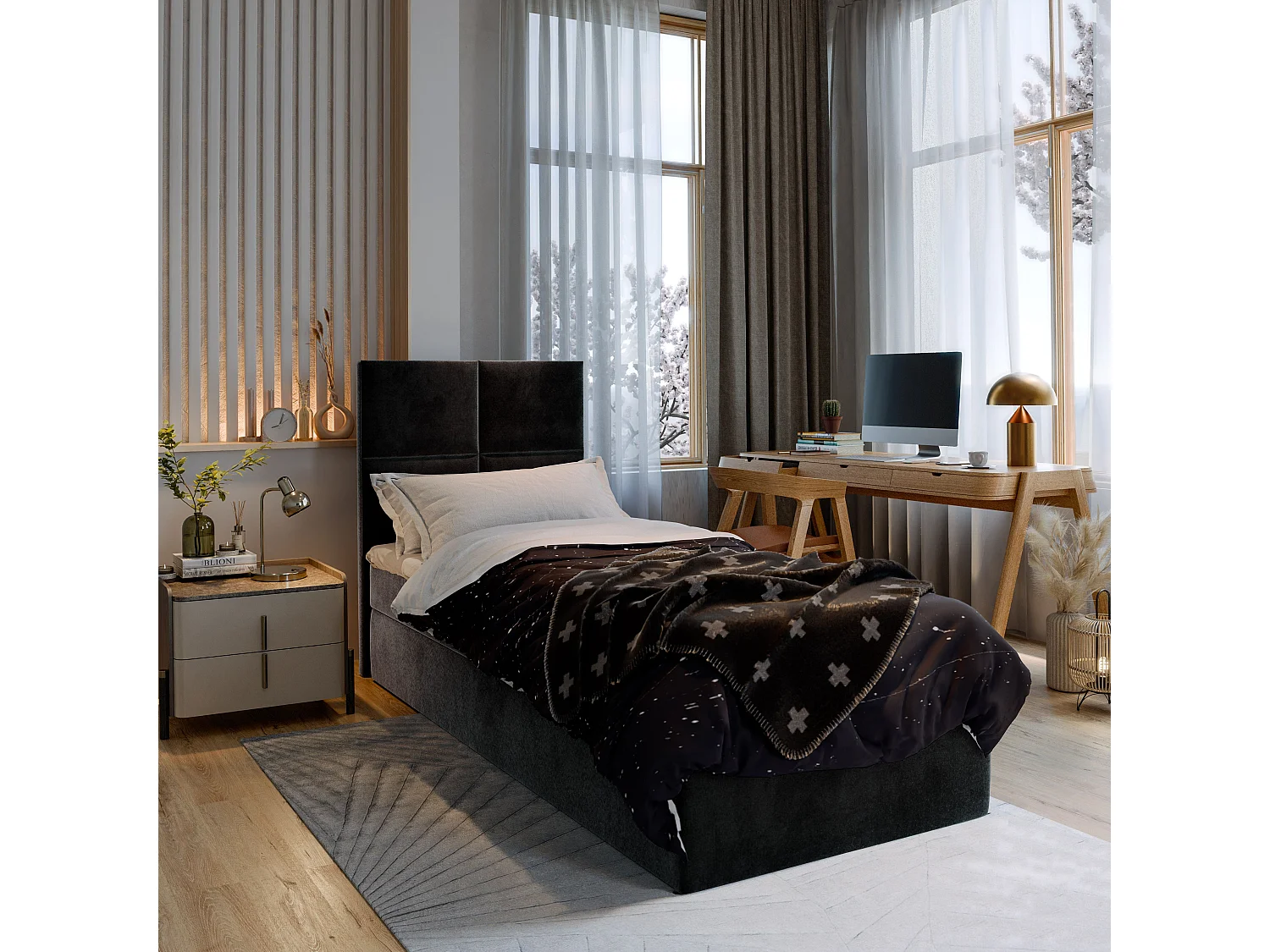 Boxspringbed LENA 80x200 cm Set met hoofdbord, bedbodem en matras, Zwart