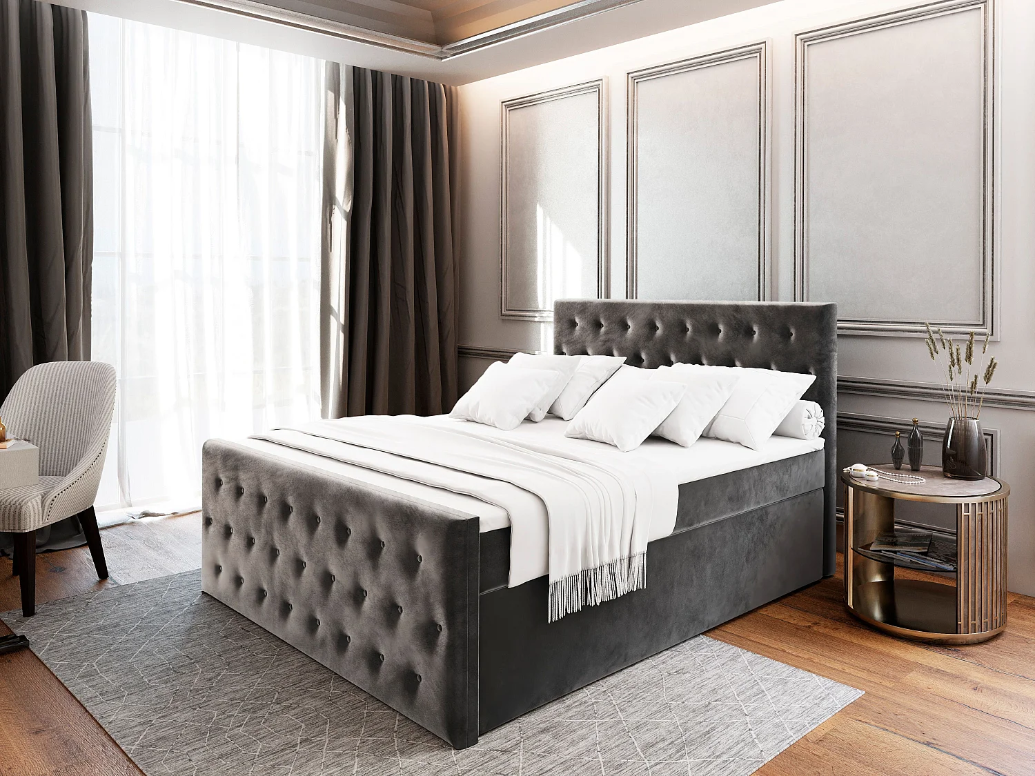 Boxspringbed FONDI 160x200 cm Set met hoofdbord, bedbodem en matras, Grijs