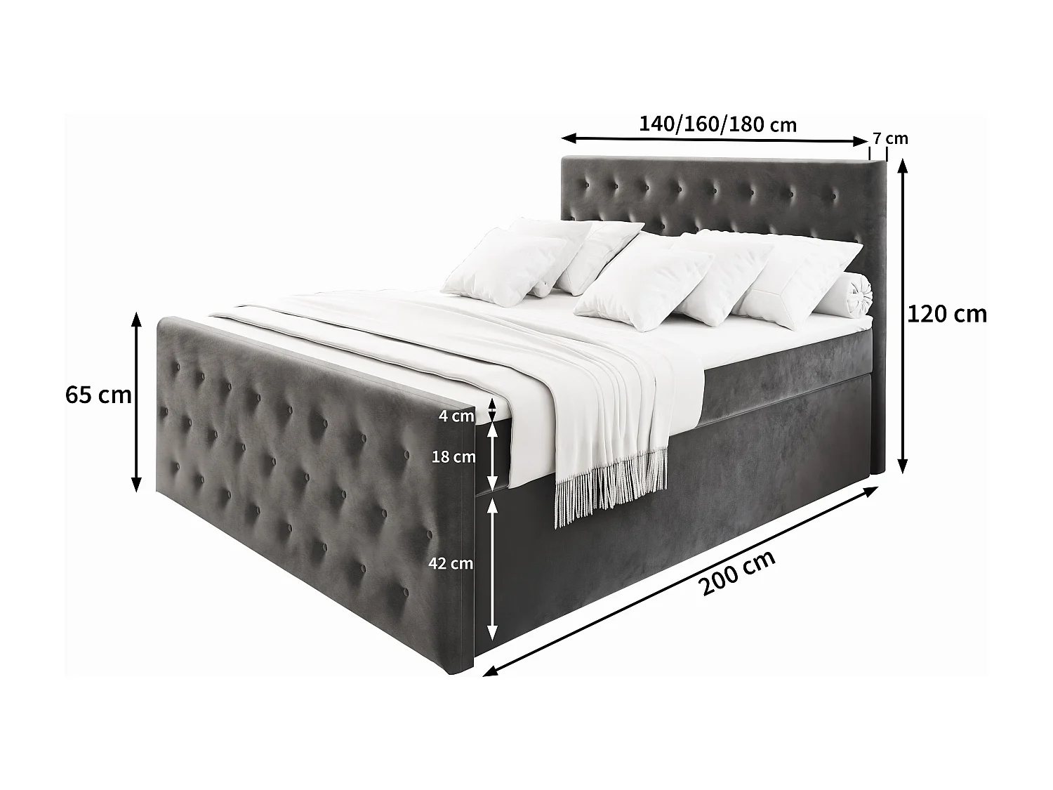Boxspringbed FONDI 160x200 cm Set met hoofdbord, bedbodem en matras, Grijs