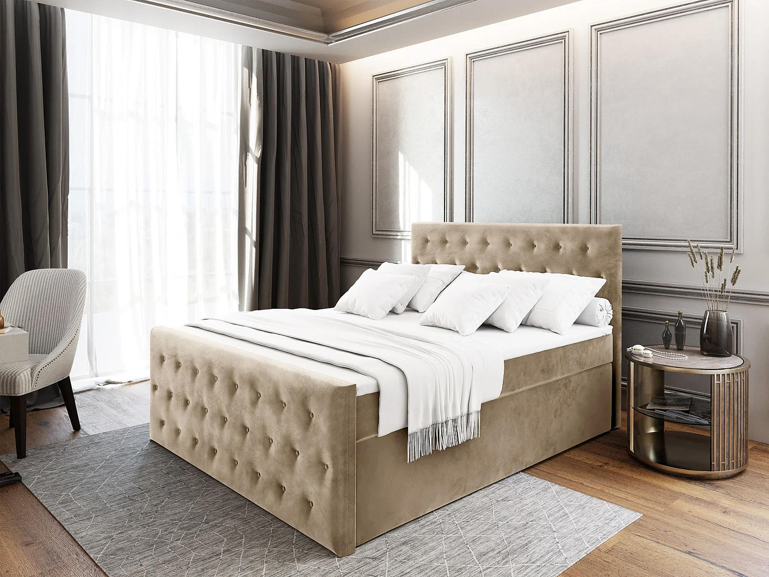 Boxspringbed FONDI 140x200 cm Set met hoofdbord, bedbodem en matras, Beige