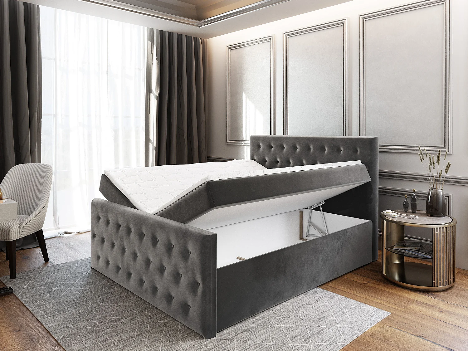 Boxspringbed FONDI 140x200 cm Set met hoofdbord, bedbodem en matras, Dennengroen