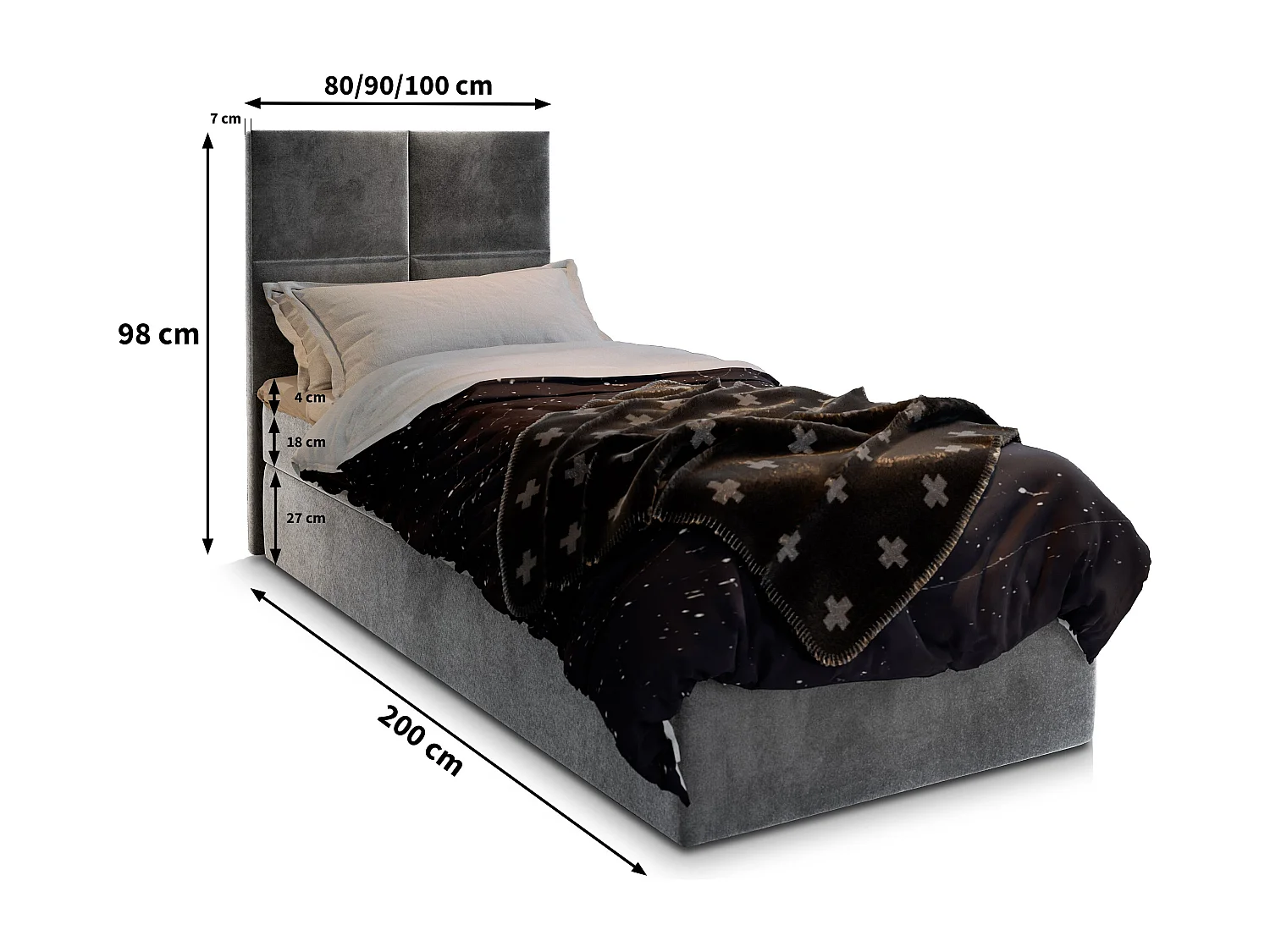 Boxspringbed LENA 90x200 cm Set met hoofdbord, bedbodem en matras, Grijs