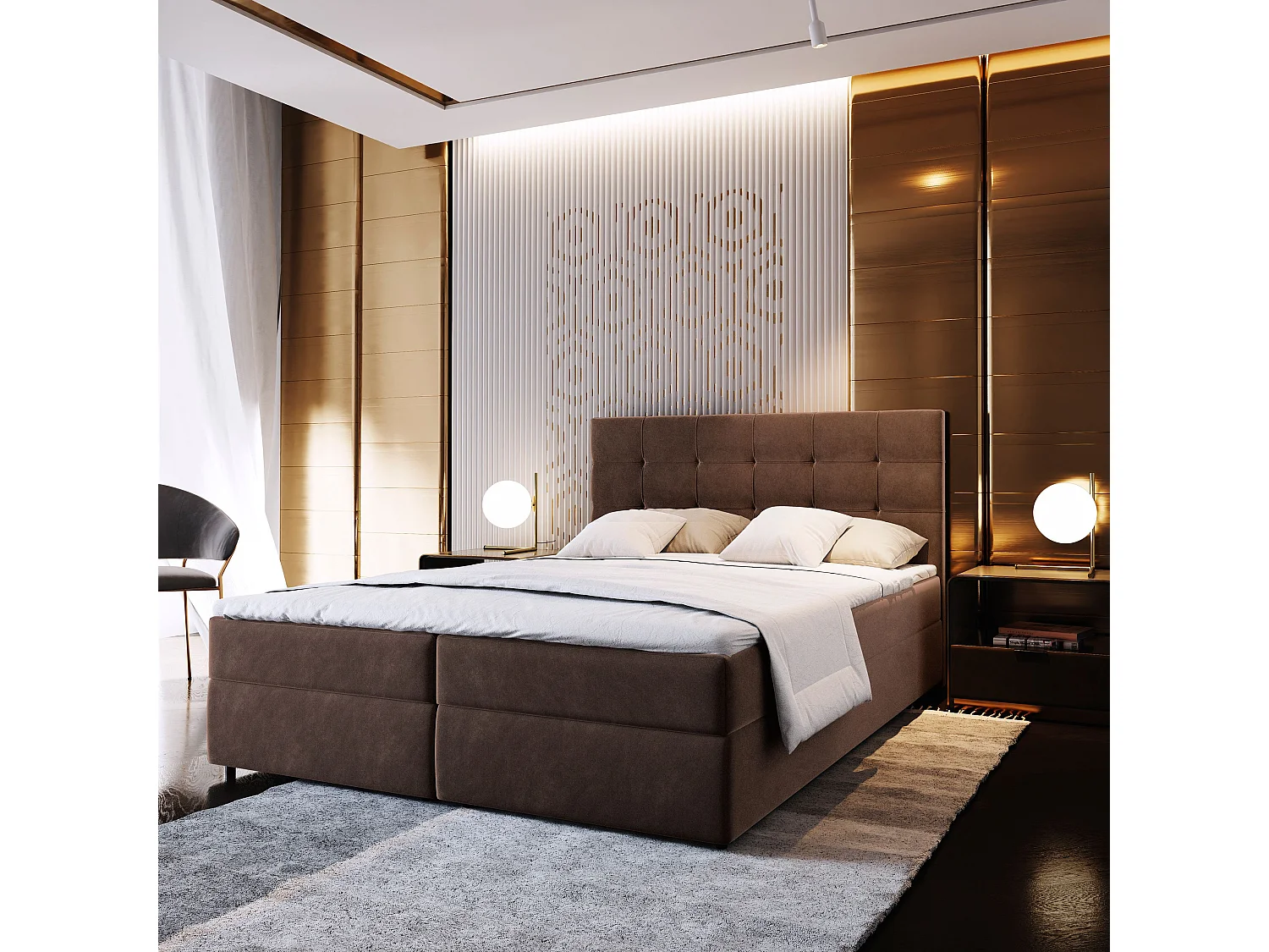 Boxspringbed GLOS 160x200 cm Set met hoofdbord, bedbodem en matras, Bruin