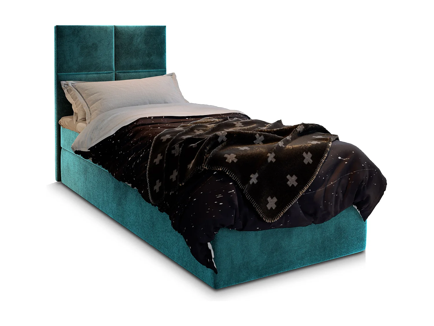 Boxspringbed LENA 100x200 cm Set met hoofdbord, bedbodem en matras, Groenblauw