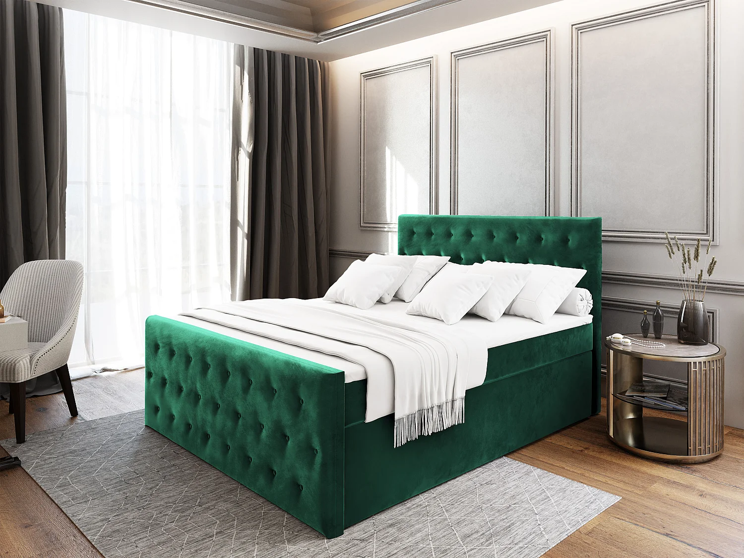 Boxspringbed FONDI 160x200 cm Set met hoofdbord, bedbodem en matras, Dennengroen