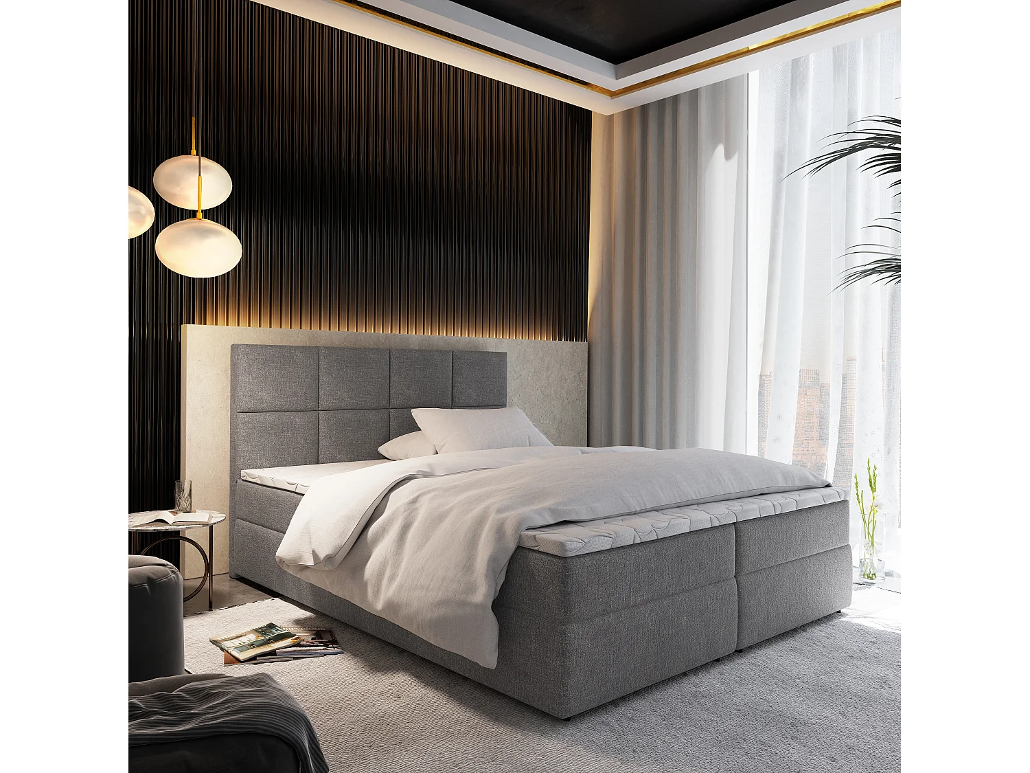 Boxspringbed LENA 180x200 cm Set met hoofdbord, bedbodem en matras, Grijs