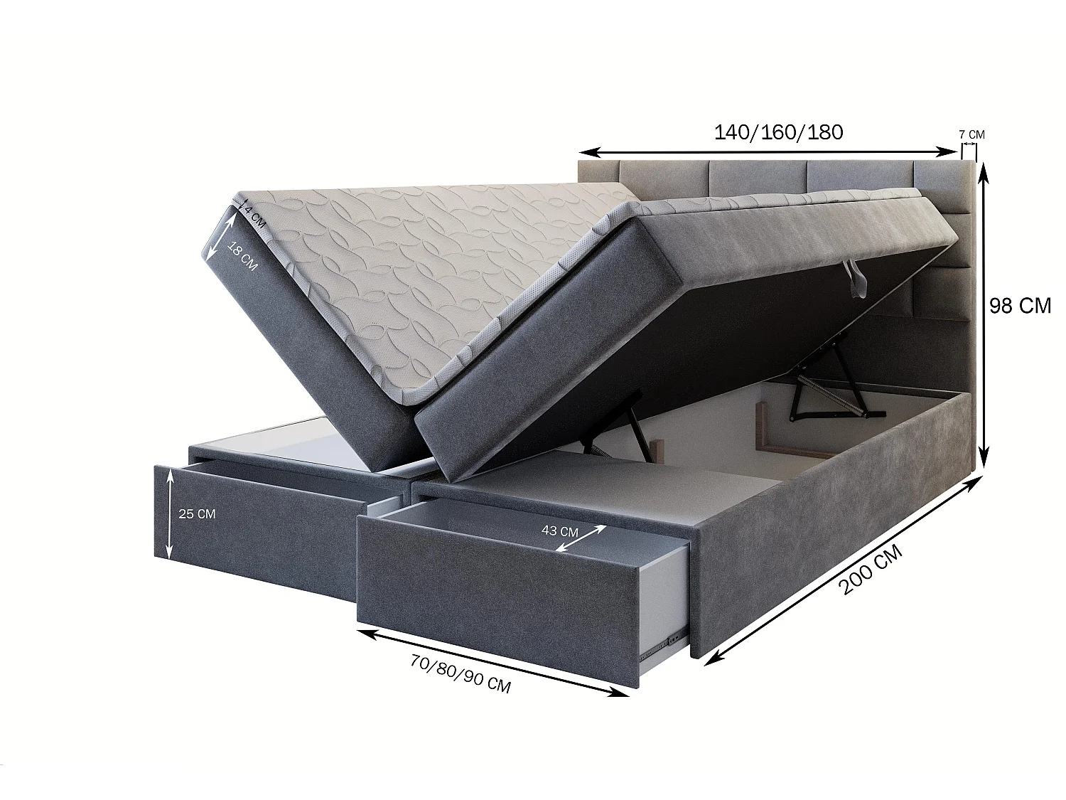 Boxspringbed ARINOS 140x200 cm Set met hoofdbord, bedbodem en matras, Lichtgrijs