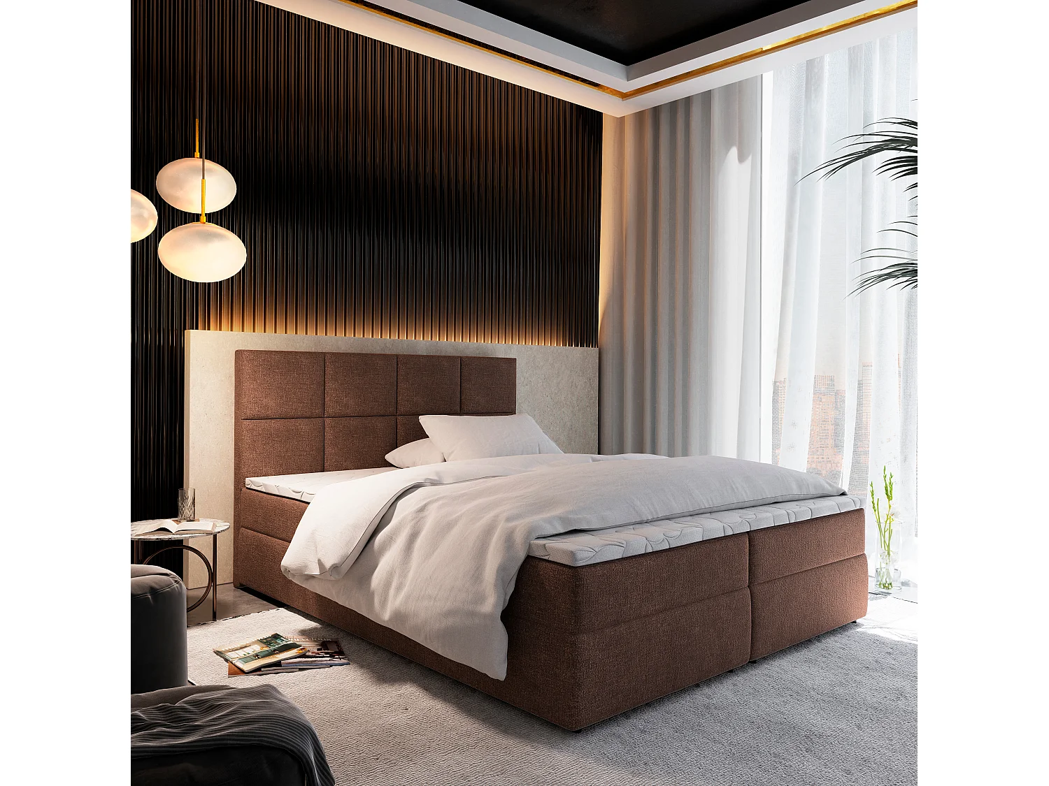 Boxspringbed LENA 180x200 cm Set met hoofdbord, bedbodem en matras, Bruin