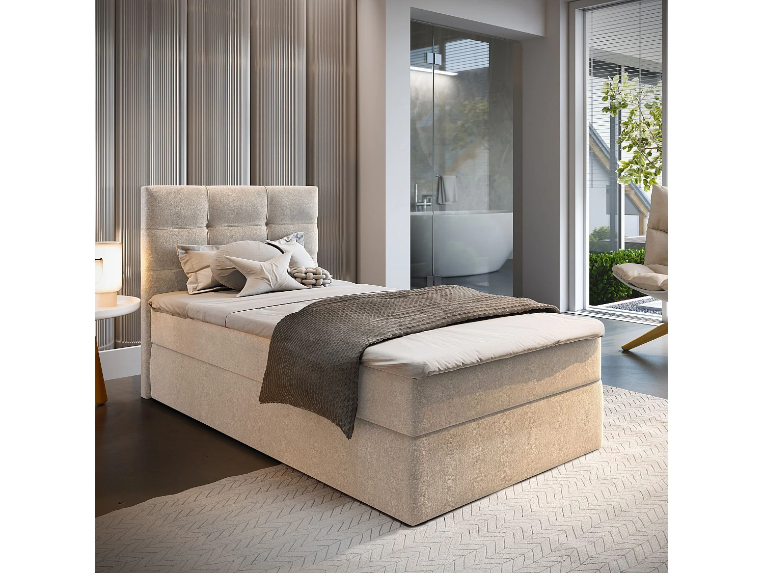 Boxspringbed GLOS 100x200 cm Set met hoofdbord, bedbodem en matras, Beige