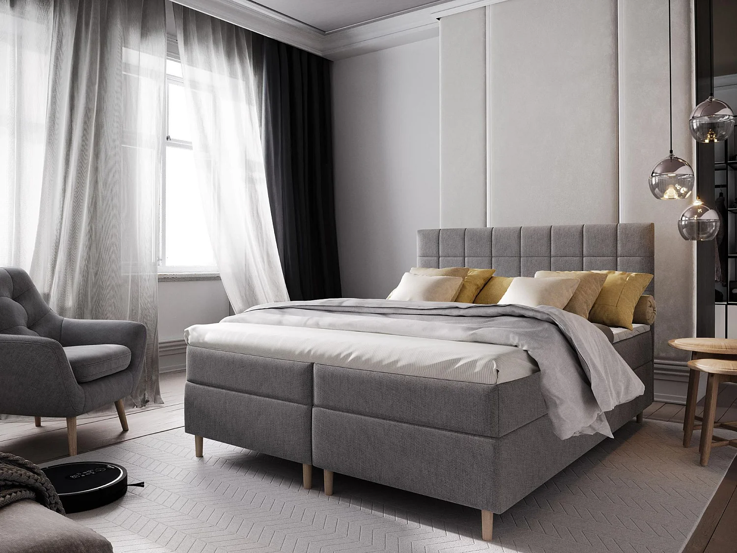 Boxspringbed IBIZA 140x200 cm Set met hoofdbord, bedbodem en matras, Lichtgrijs