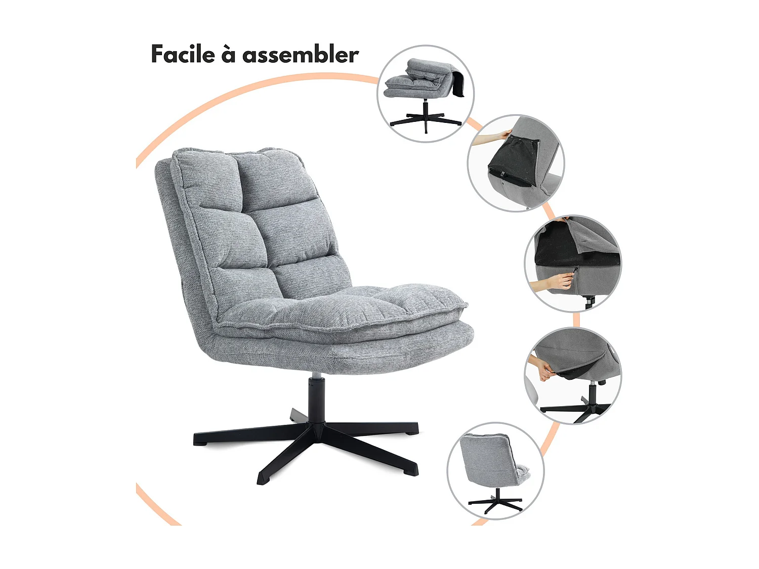 Chaise de bureau pivotant hauteur réglable sans accoudoirs en chenille,LAMBERYOFFICE