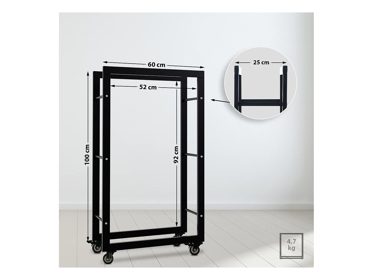 Etagère bois de cheminée - Métal - 25x60x100 cm - Noir - Keri