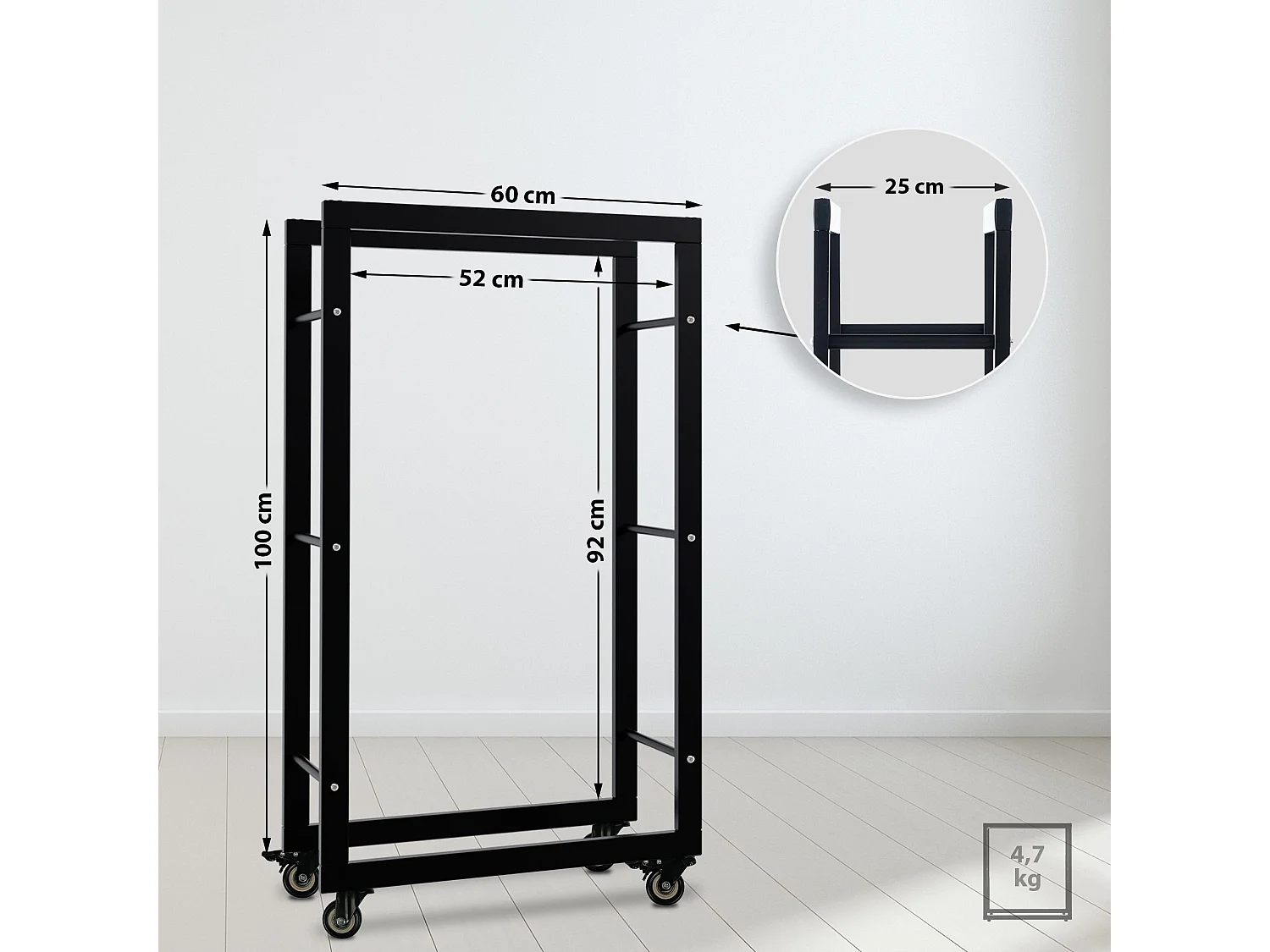 Etagère bois de cheminée - Métal - 25x60x100 cm - Noir - Keri