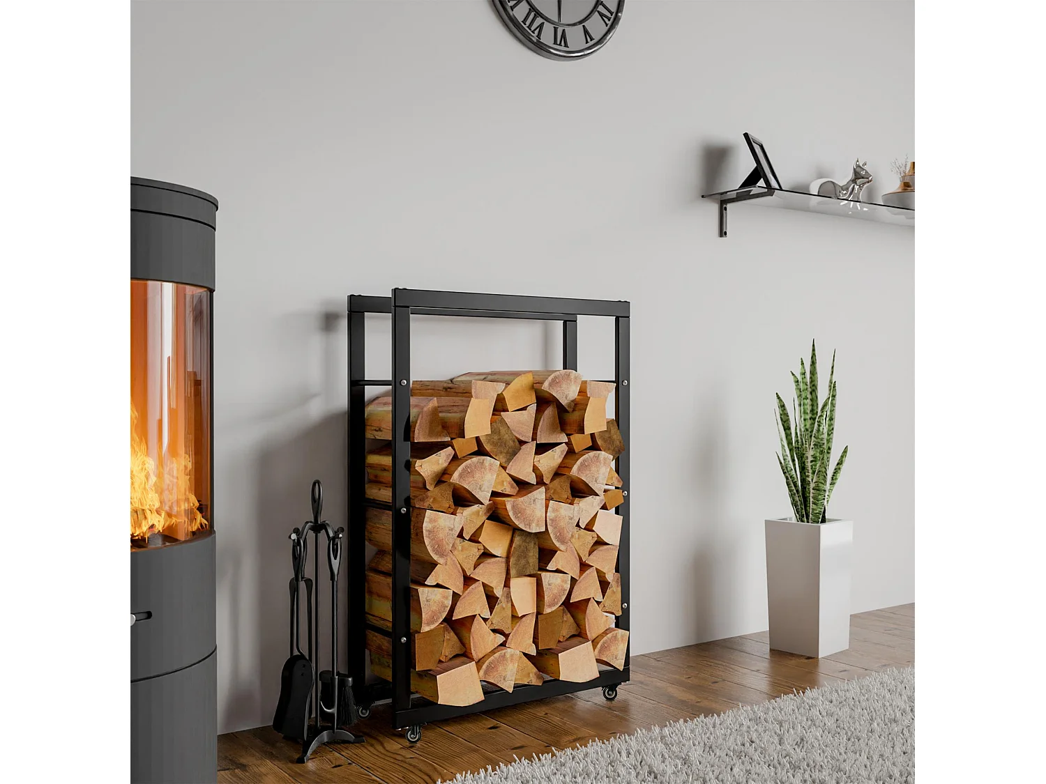 Etagère bois de cheminée - Métal - 25x60x100 cm - Noir - Keri