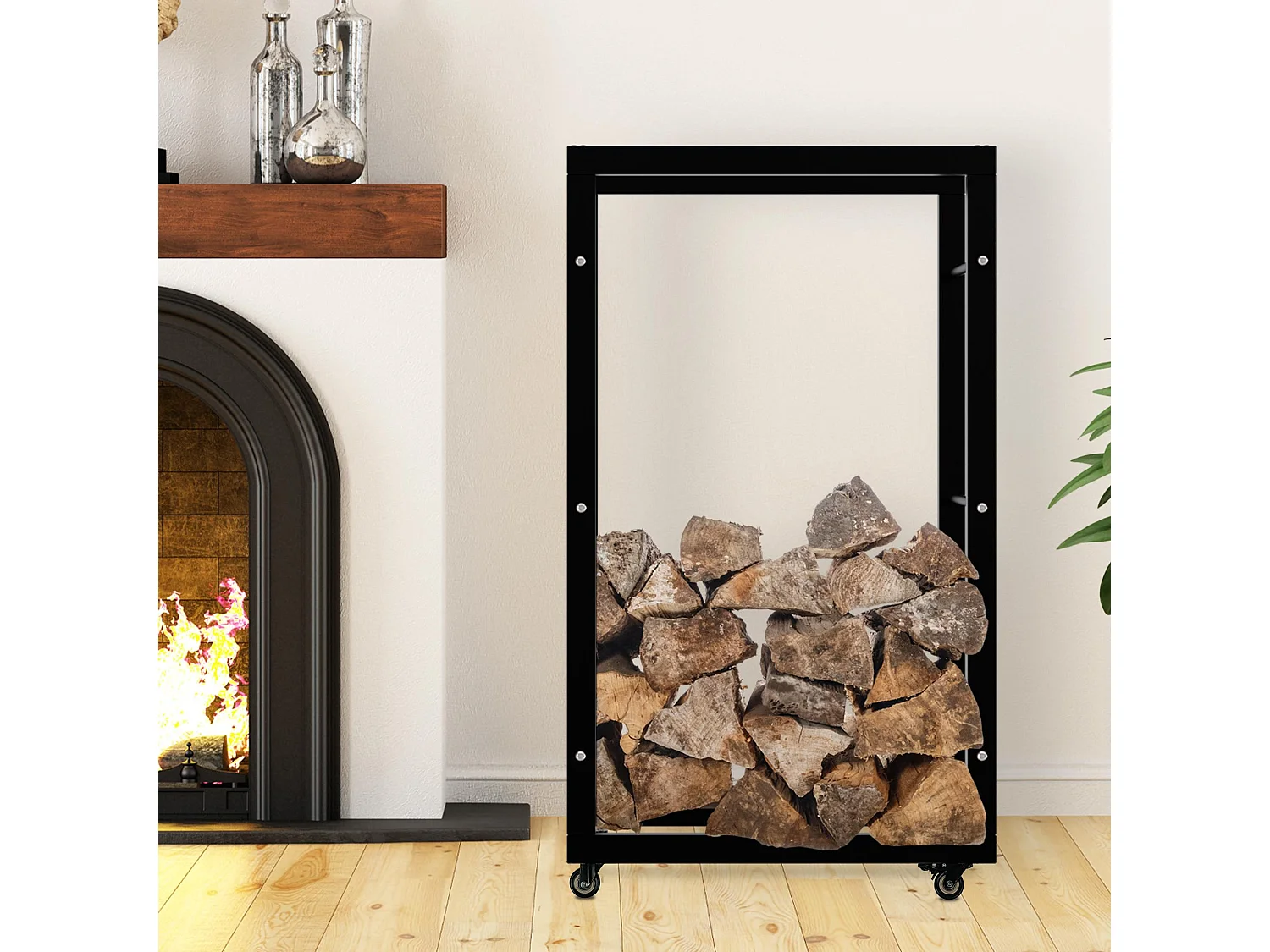 Etagère bois de cheminée - Métal - 25x60x100 cm - Noir - Keri