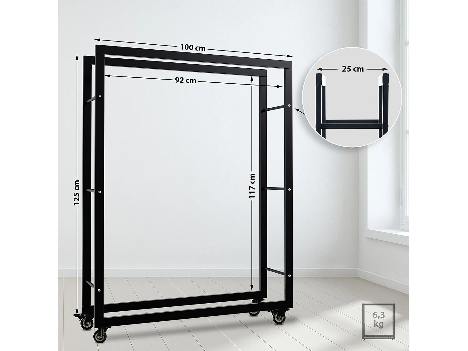 Etagère bois de cheminée - Métal - 25x100x125 cm - Noir - Keri