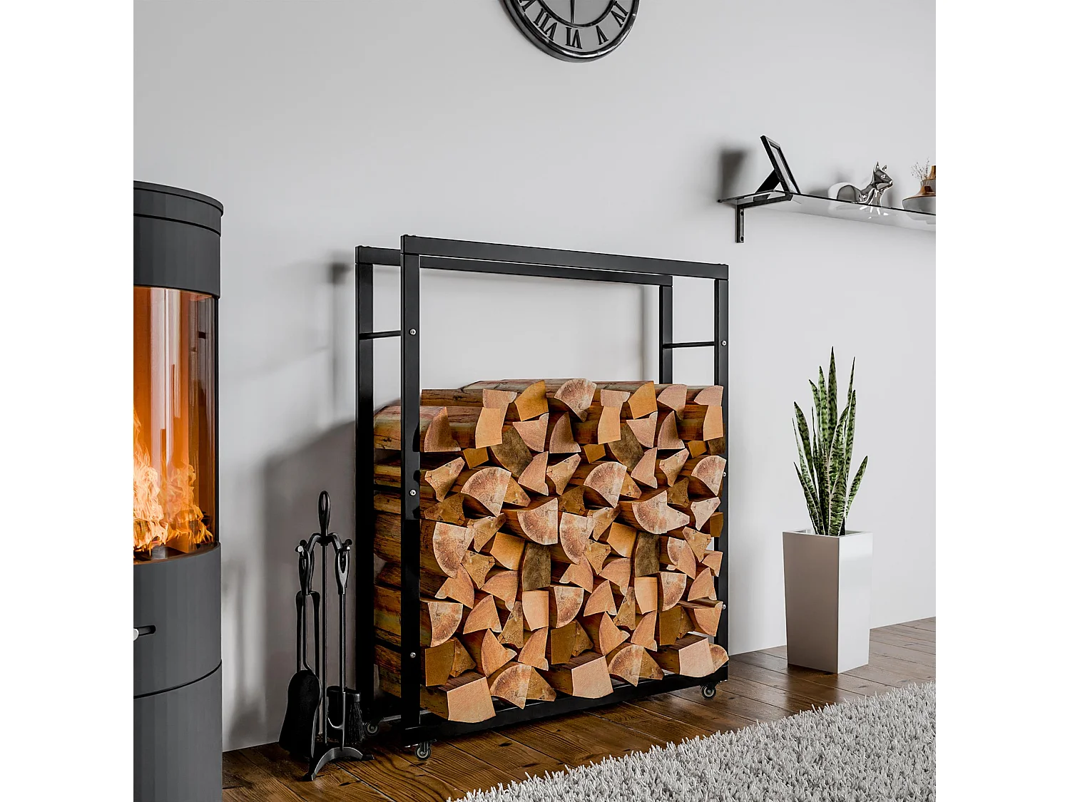 Etagère bois de cheminée - Métal - 25x100x125 cm - Noir - Keri