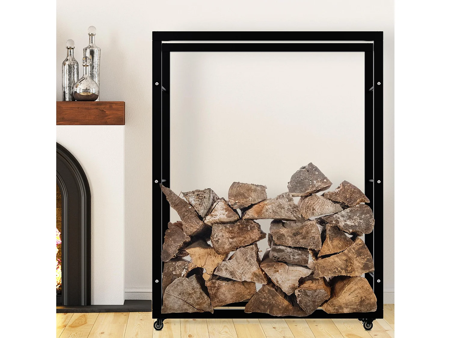 Etagère bois de cheminée - Métal - 25x100x125 cm - Noir - Keri