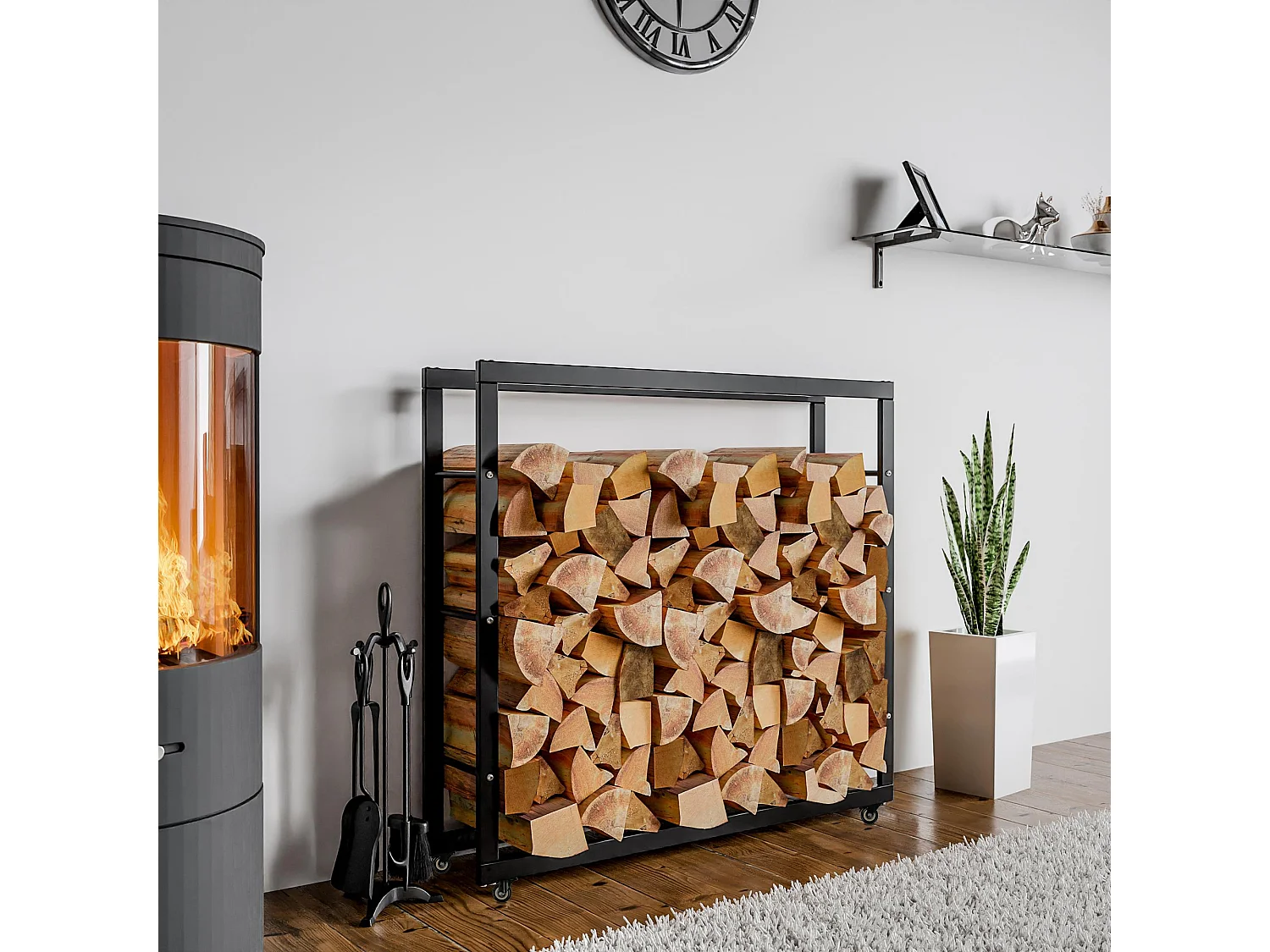 Etagère bois de cheminée - Métal - 25x125x150 cm - Noir - Keri