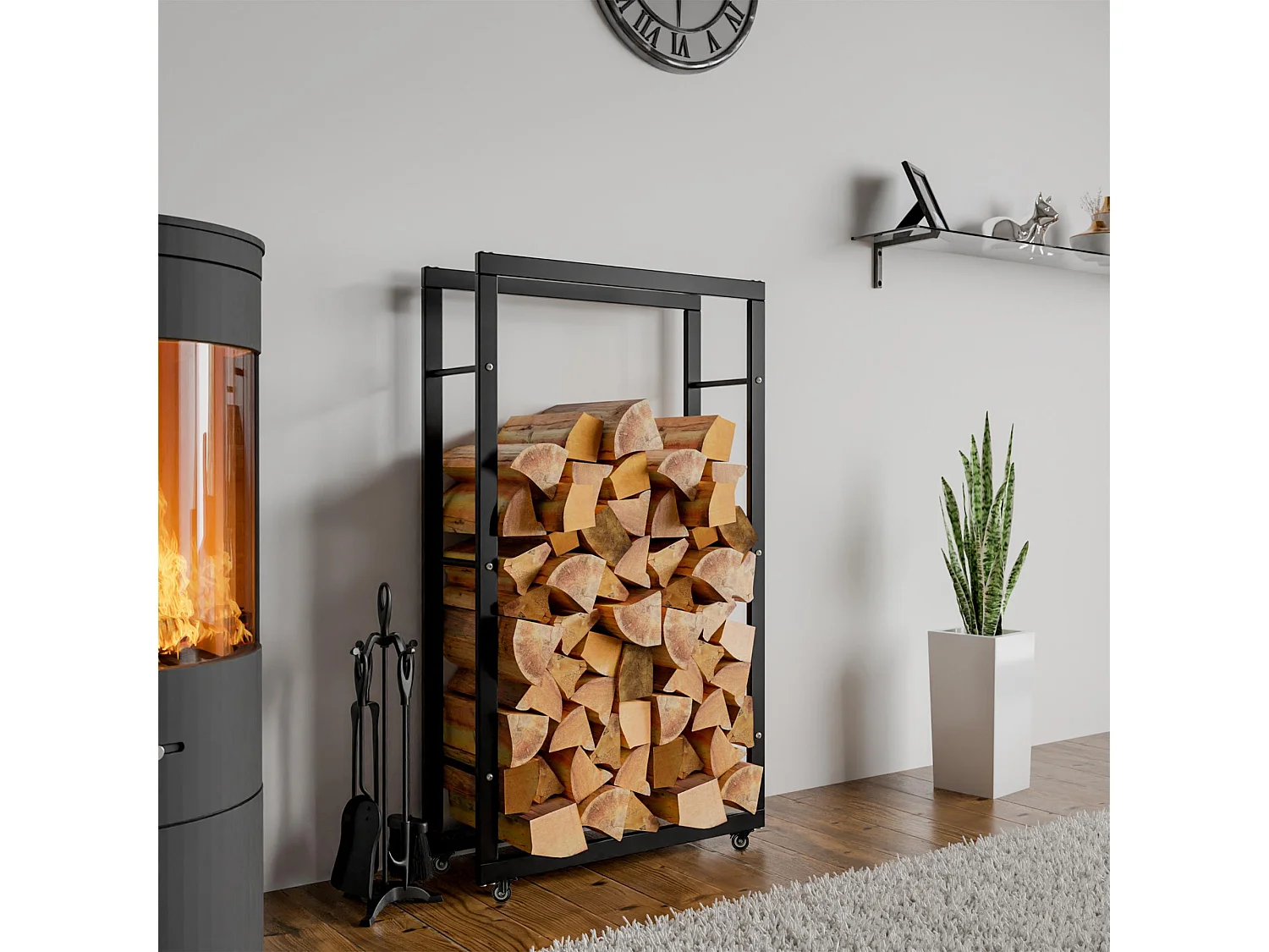 Etagère bois de cheminée - Métal - 25x60x150 cm - Noir - Keri