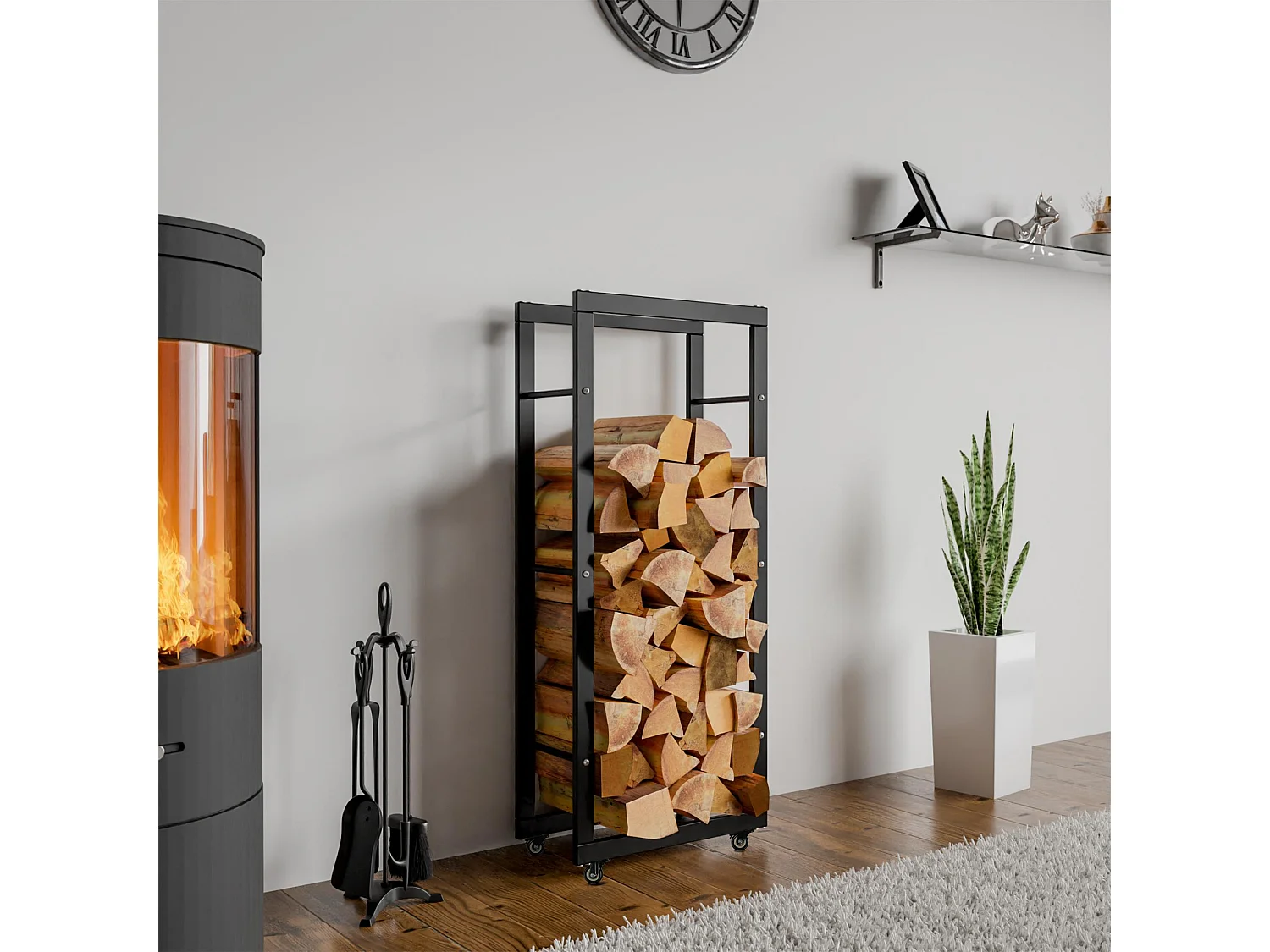 Etagère bois de cheminée - Métal - 25x40x125 cm - Noir - Keri