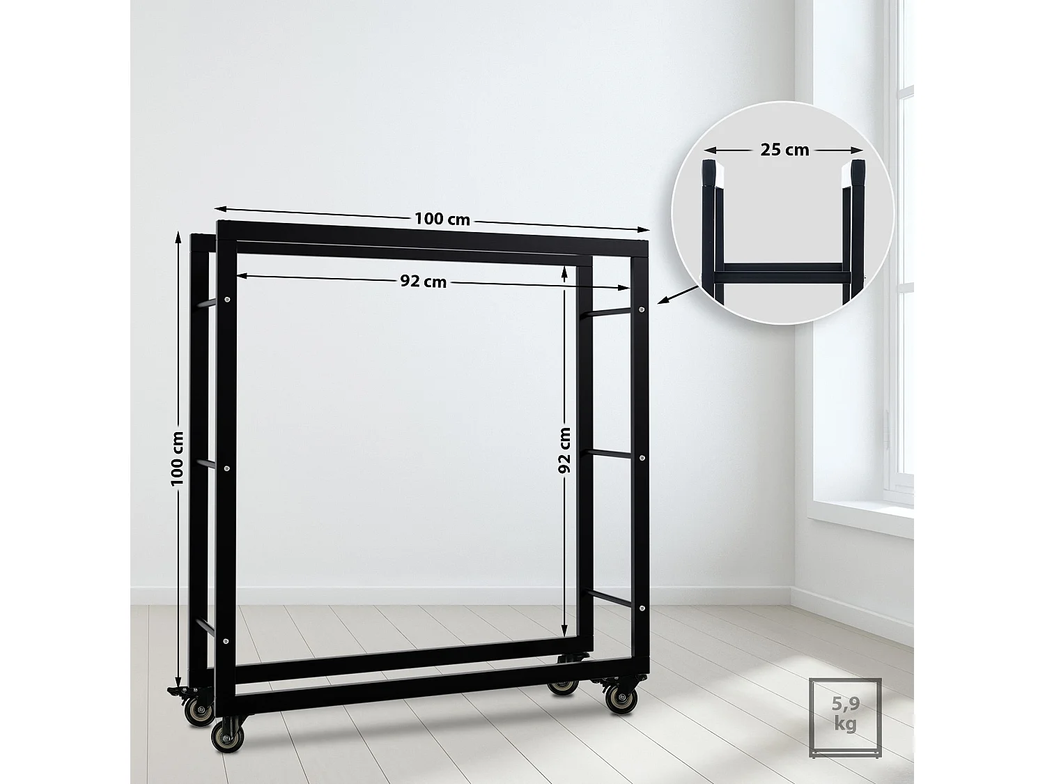 Etagère bois de cheminée - Métal - 25x100x100 cm - Noir - Keri