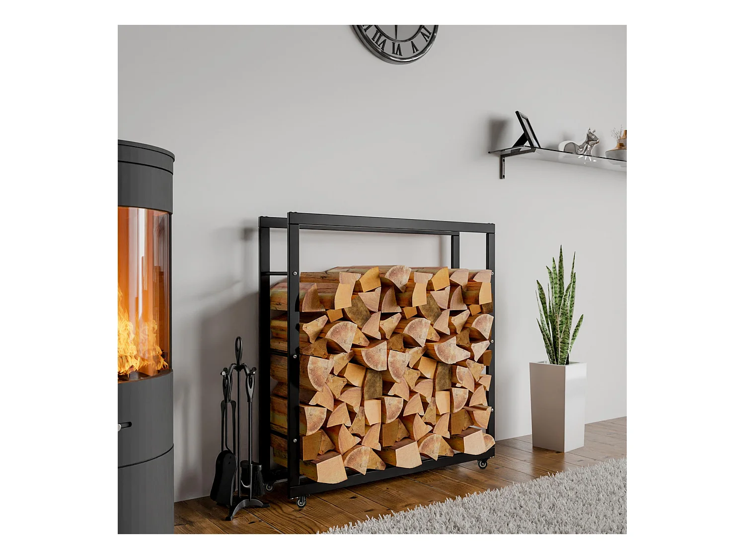 Etagère bois de cheminée - Métal - 25x100x100 cm - Noir - Keri