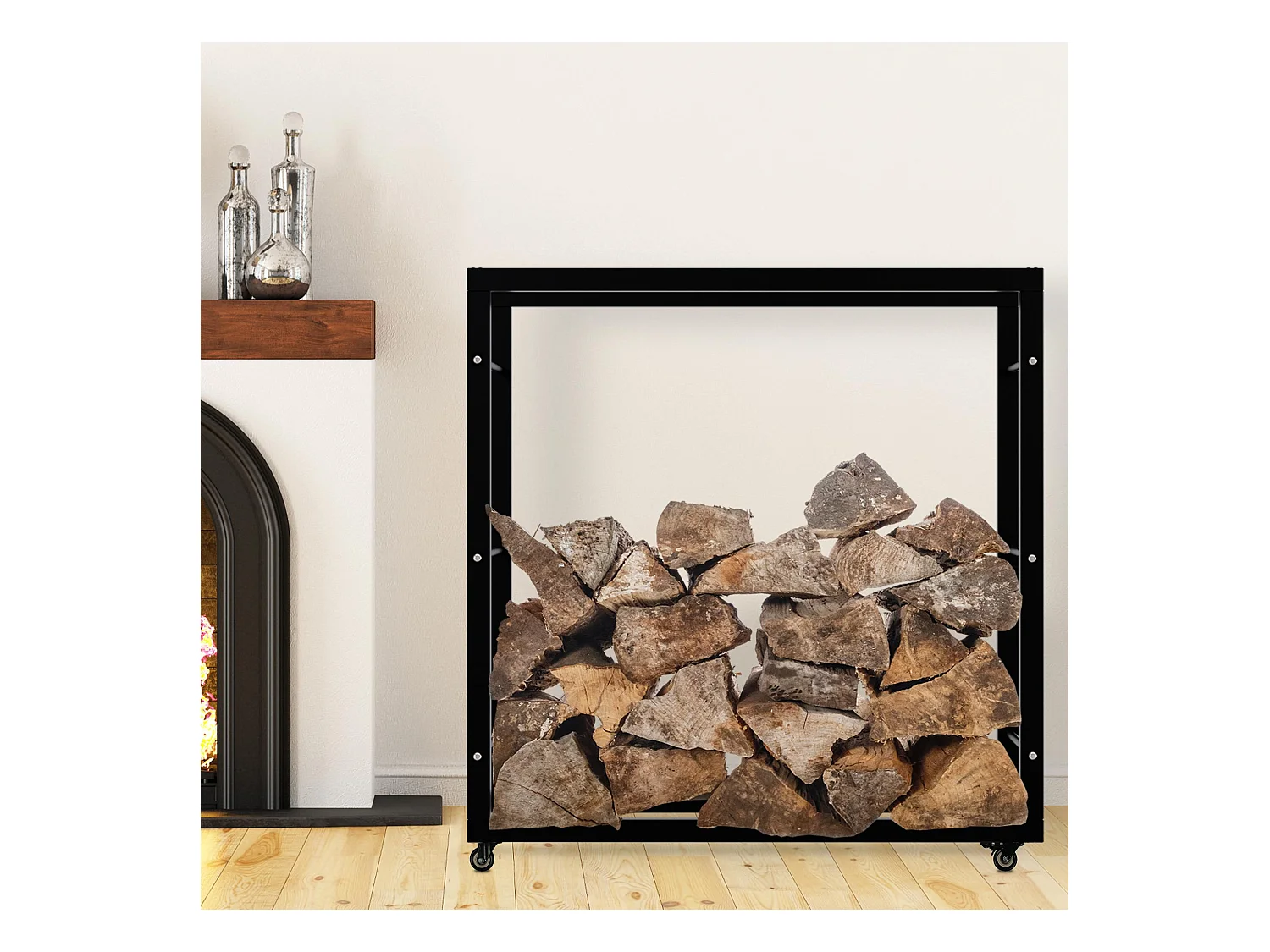 Etagère bois de cheminée - Métal - 25x100x100 cm - Noir - Keri