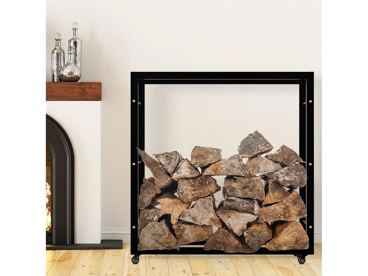 Etagère bois de cheminée - Métal - 25x100x100 cm - Noir - Keri