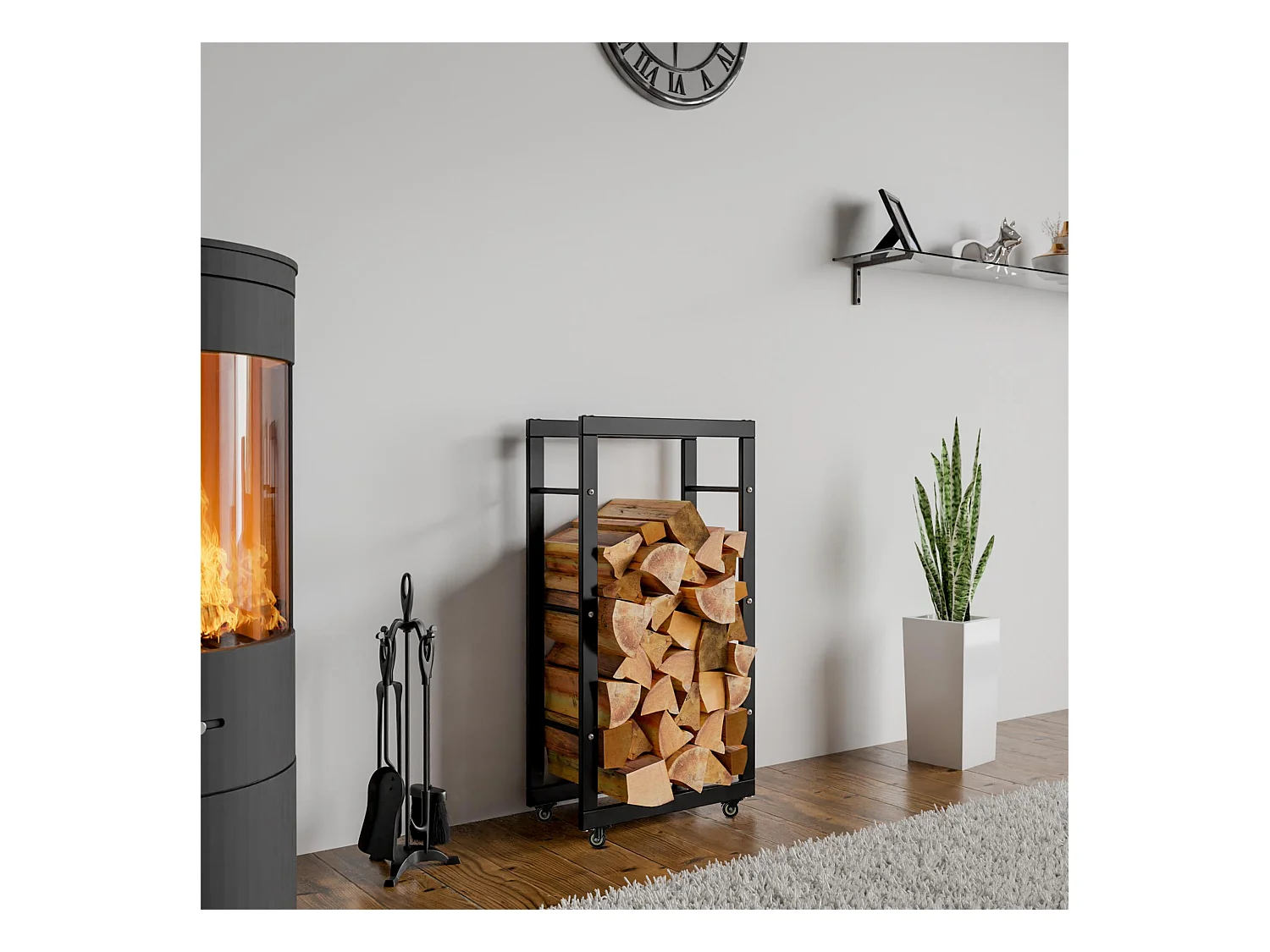 Etagère bois de cheminée - Métal - 25x40x80 cm - Noir - Keri