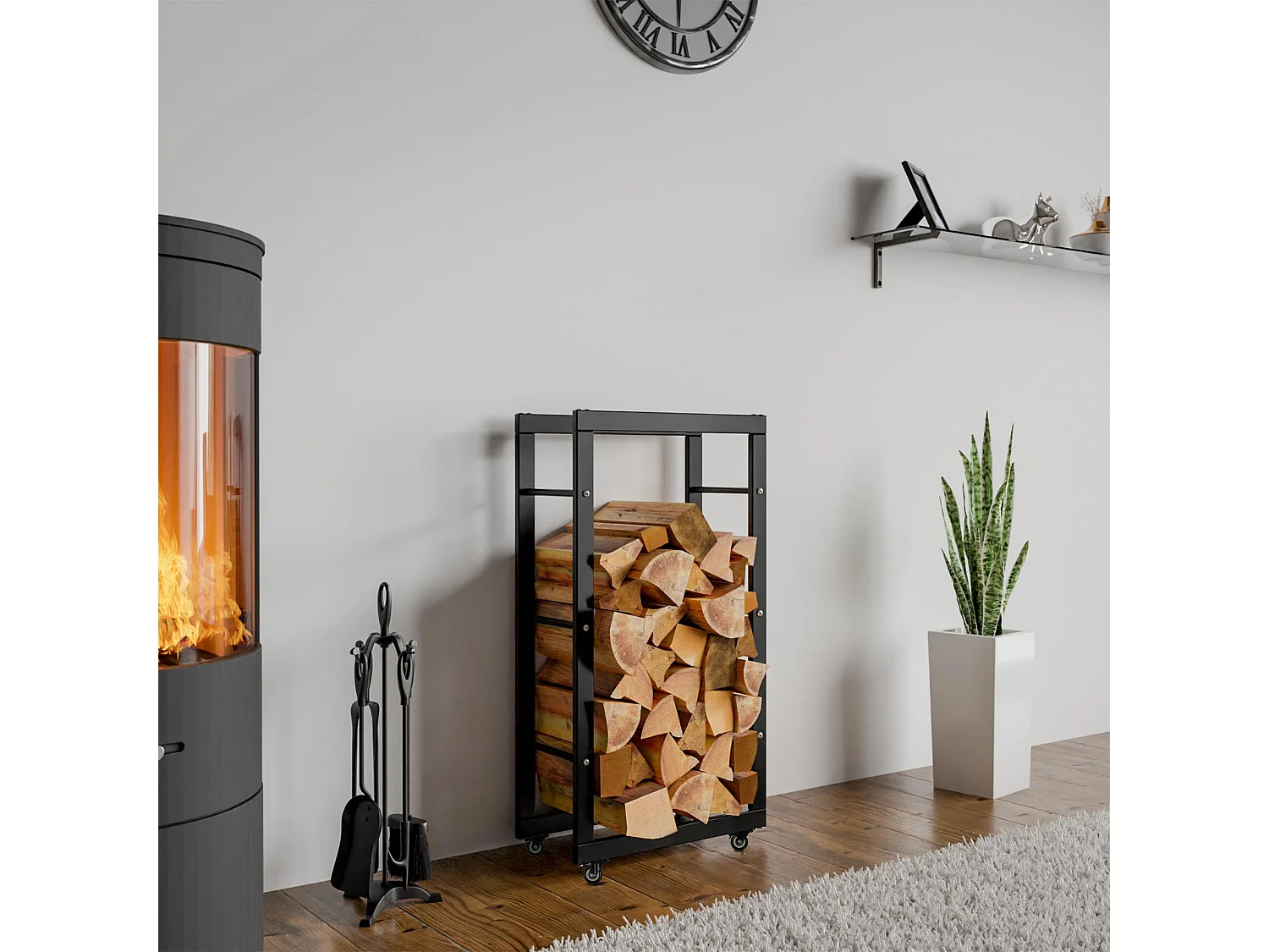 Etagère bois de cheminée - Métal - 25x40x80 cm - Noir - Keri