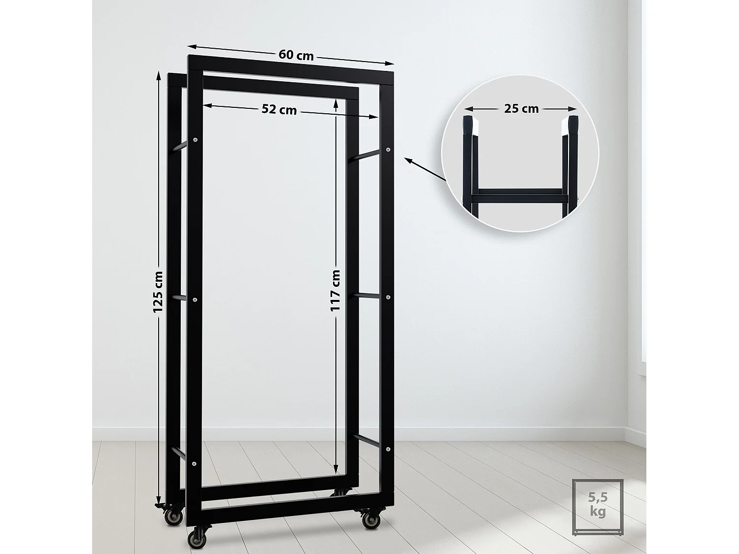 Etagère bois de cheminée - Métal - 25x60x125 cm - Noir - Keri