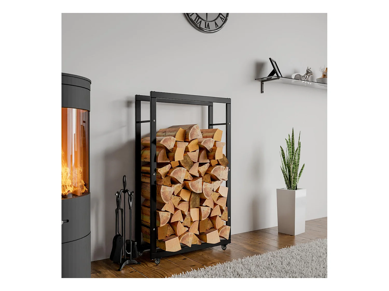 Etagère bois de cheminée - Métal - 25x60x125 cm - Noir - Keri