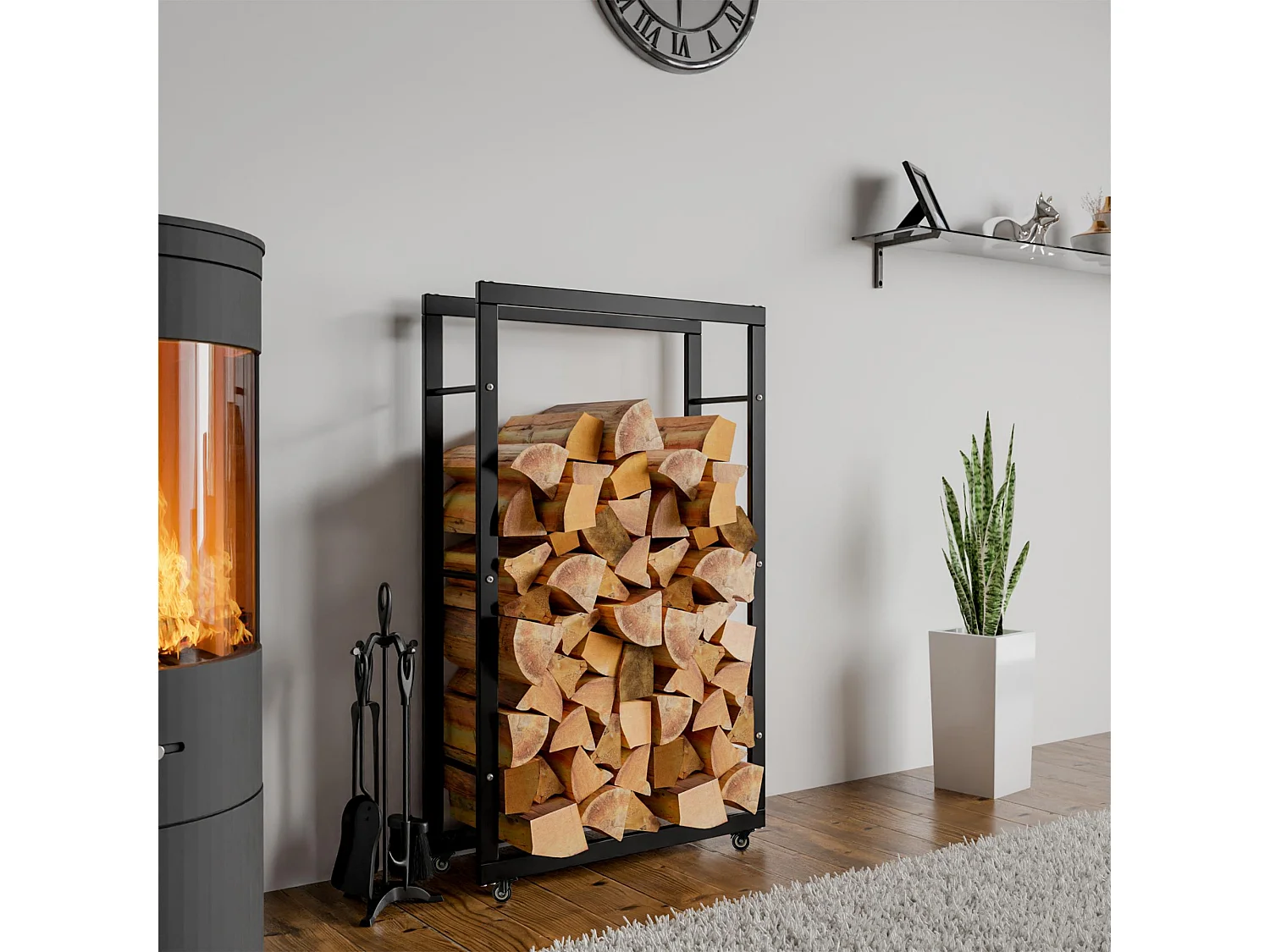 Etagère bois de cheminée - Métal - 25x60x125 cm - Noir - Keri