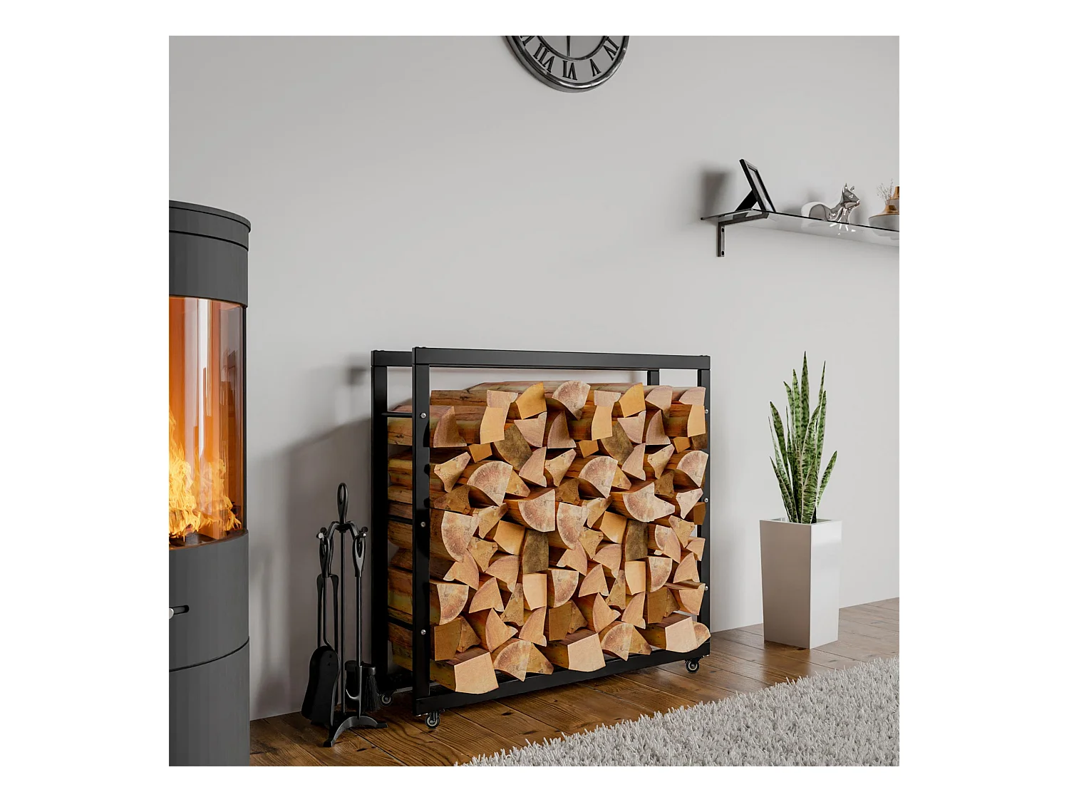 Etagère bois de cheminée - Métal - 25x100x80 cm - Noir - Keri