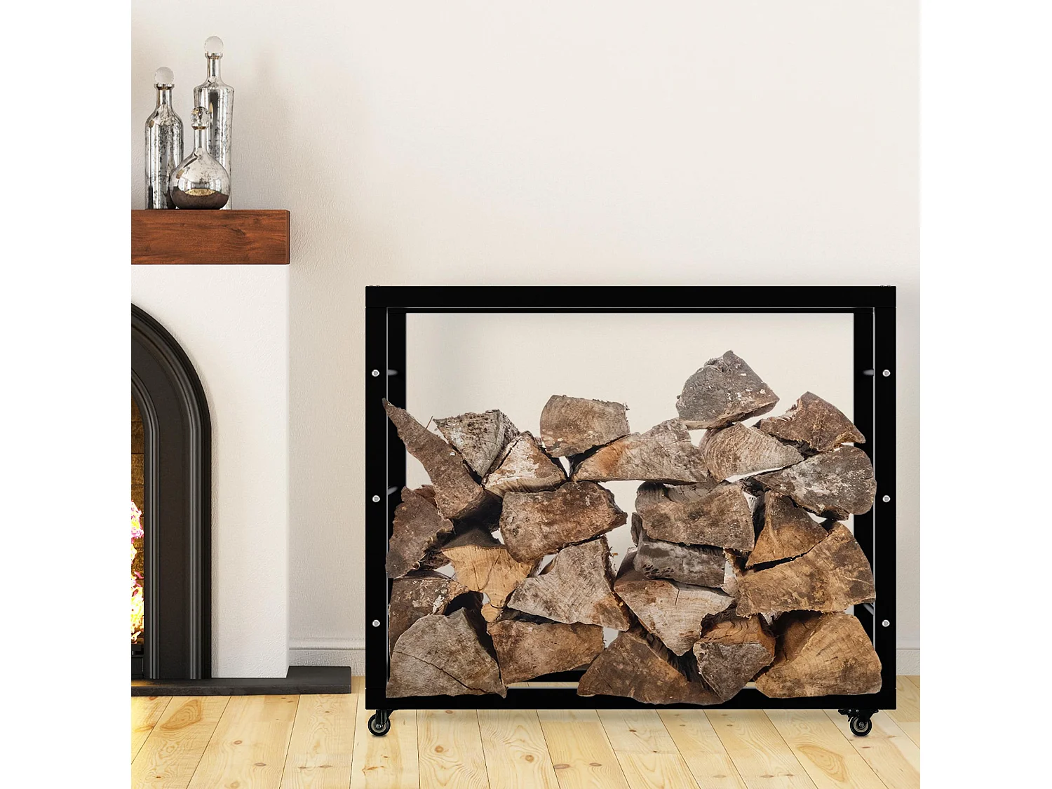 Etagère bois de cheminée - Métal - 25x100x80 cm - Noir - Keri