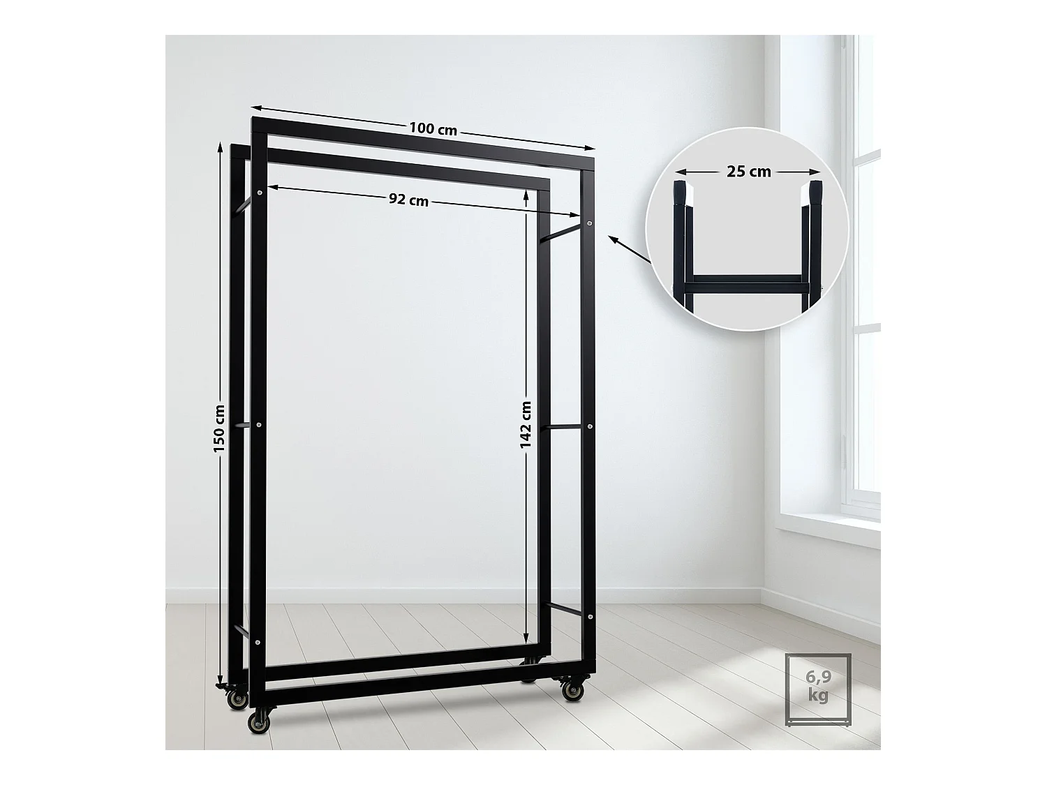 Etagère bois de cheminée - Métal - 25x100x150 cm - Noir - Keri