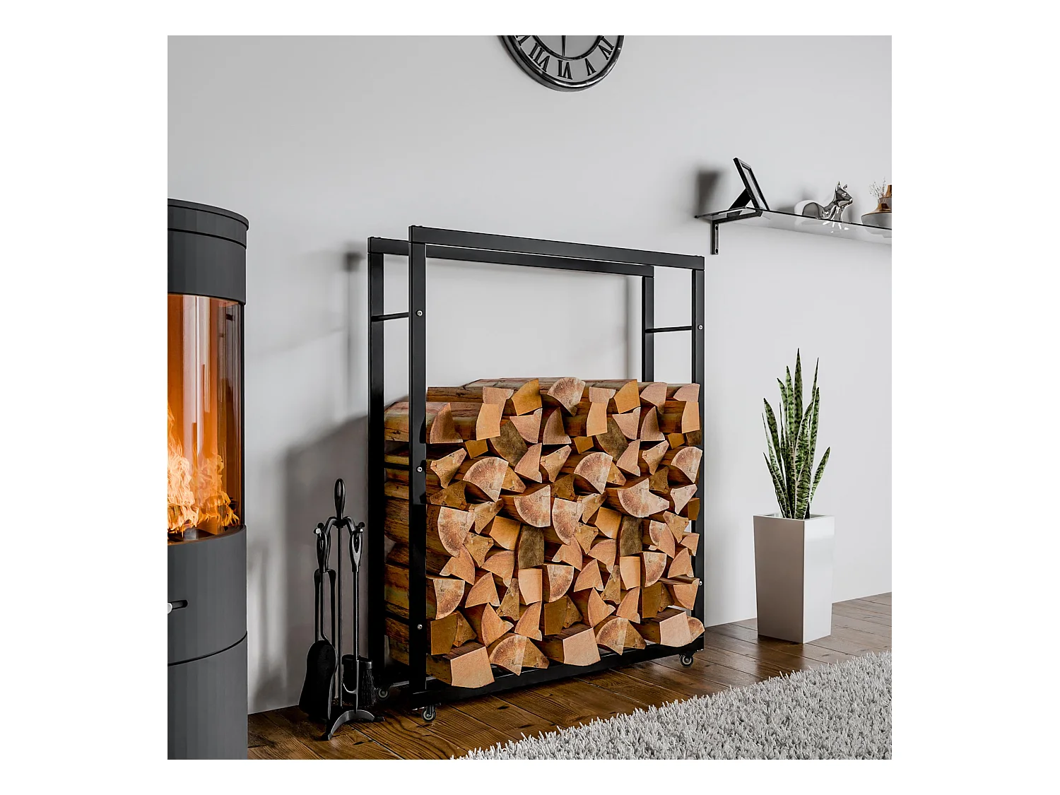 Etagère bois de cheminée - Métal - 25x100x150 cm - Noir - Keri