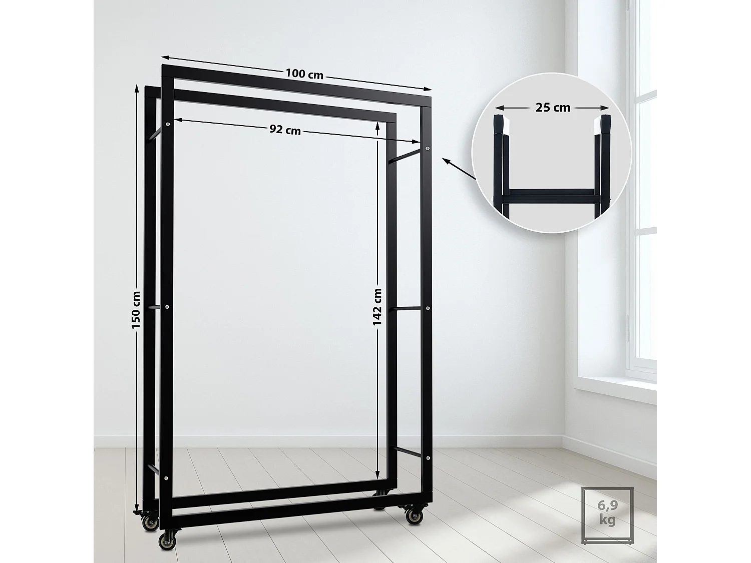 Etagère bois de cheminée - Métal - 25x100x150 cm - Noir - Keri