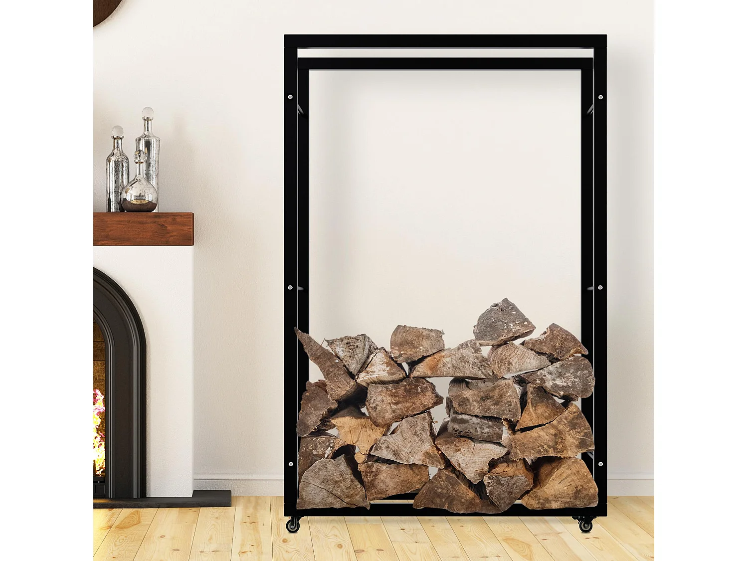 Etagère bois de cheminée - Métal - 25x100x150 cm - Noir - Keri