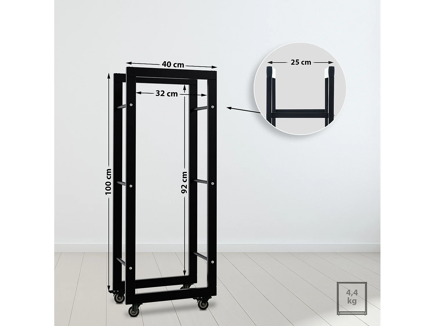 Etagère bois de cheminée - Métal - 25x40x100 cm - Noir - Keri