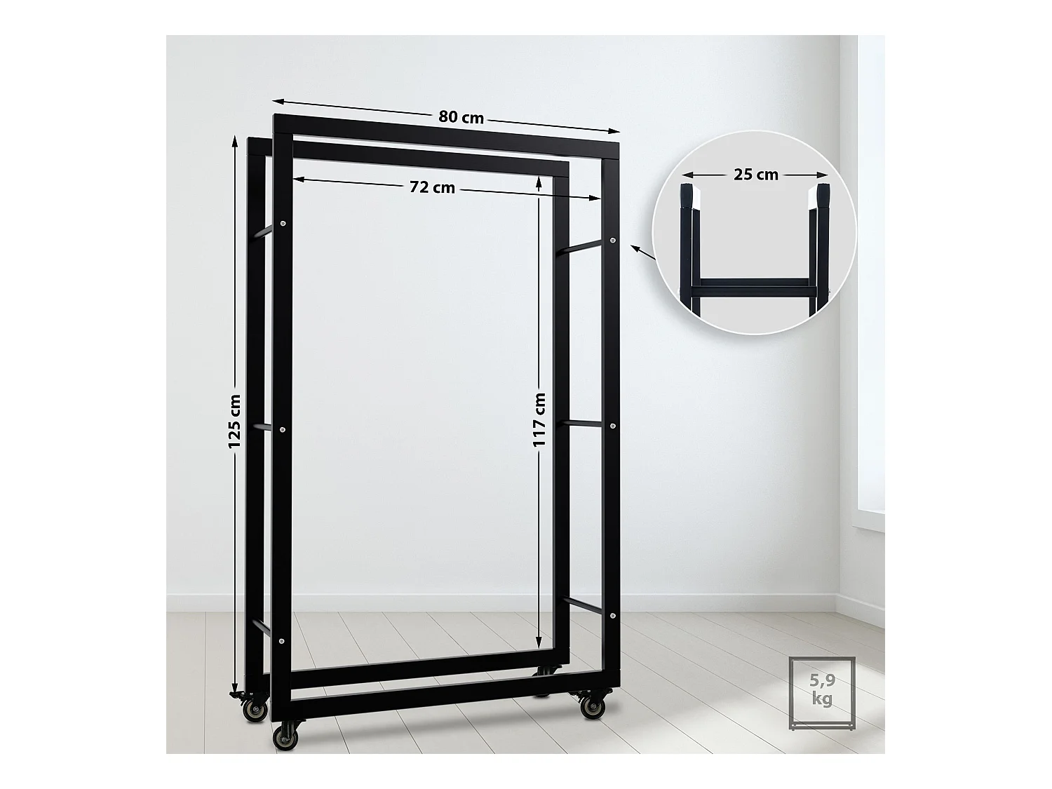 Etagère bois de cheminée - Métal - 25x80x125 cm - Noir - Keri